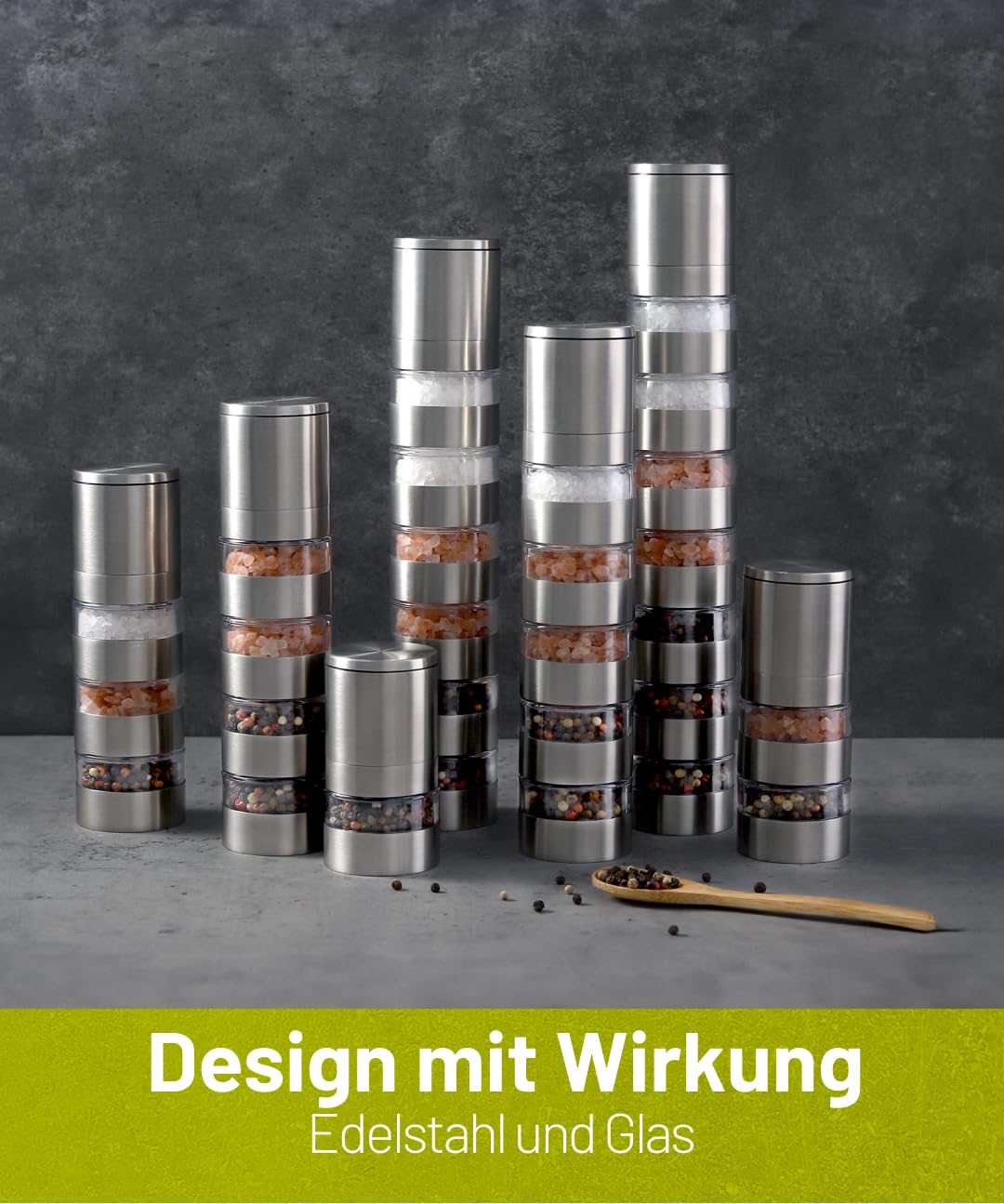 Modulare Salz und pfeffermühle 2 in 1 mit 3 Kammern – Edelstahl Salz Pfeffer Mühle & Gewürzmühle - Pfeffer- und Salzmühle, nachfüllbar & modern