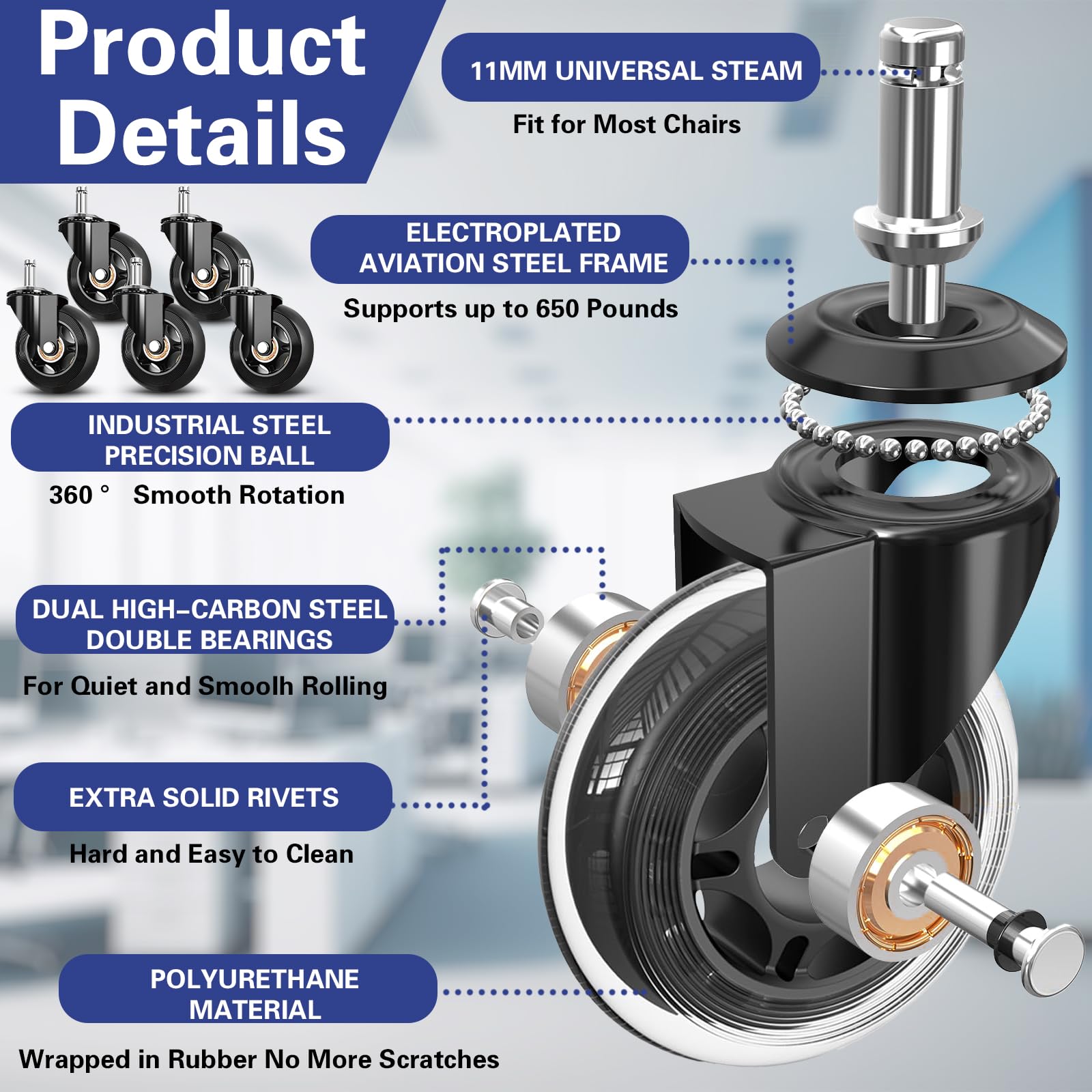 Set 5 Ruote In Gomma Per Sedia Ufficio - Diametro 50mm, Adatte Parquet E Pavimenti Delicati, Scorrimento Silenzioso E Protettivo - Foto 8