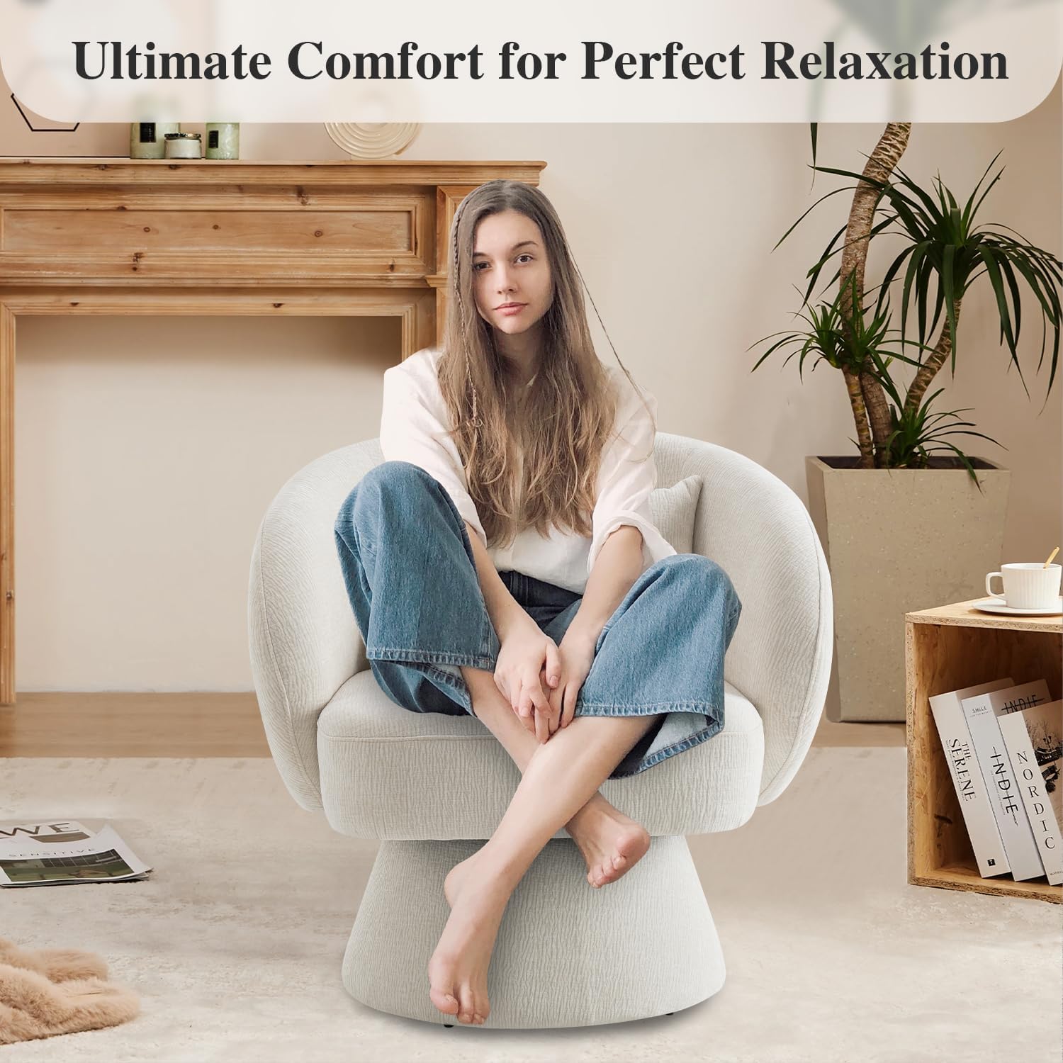 360° Swivel Accent Chair, Modern Velvet Barrel Chair with Pillow, Upholstered Single Sofa for Living Room, Bedroom, Office, Ivory