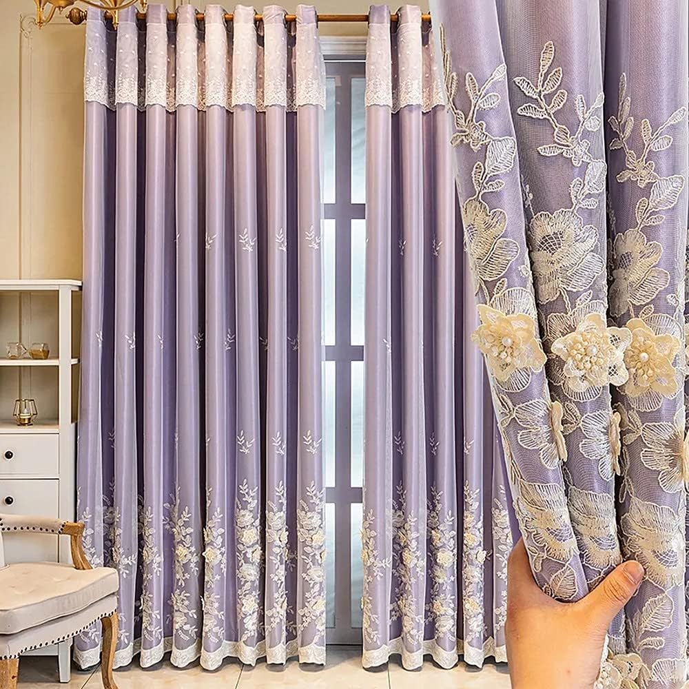 Cortinas bordadas de flores moradas estilo europeo con doble tela para salon