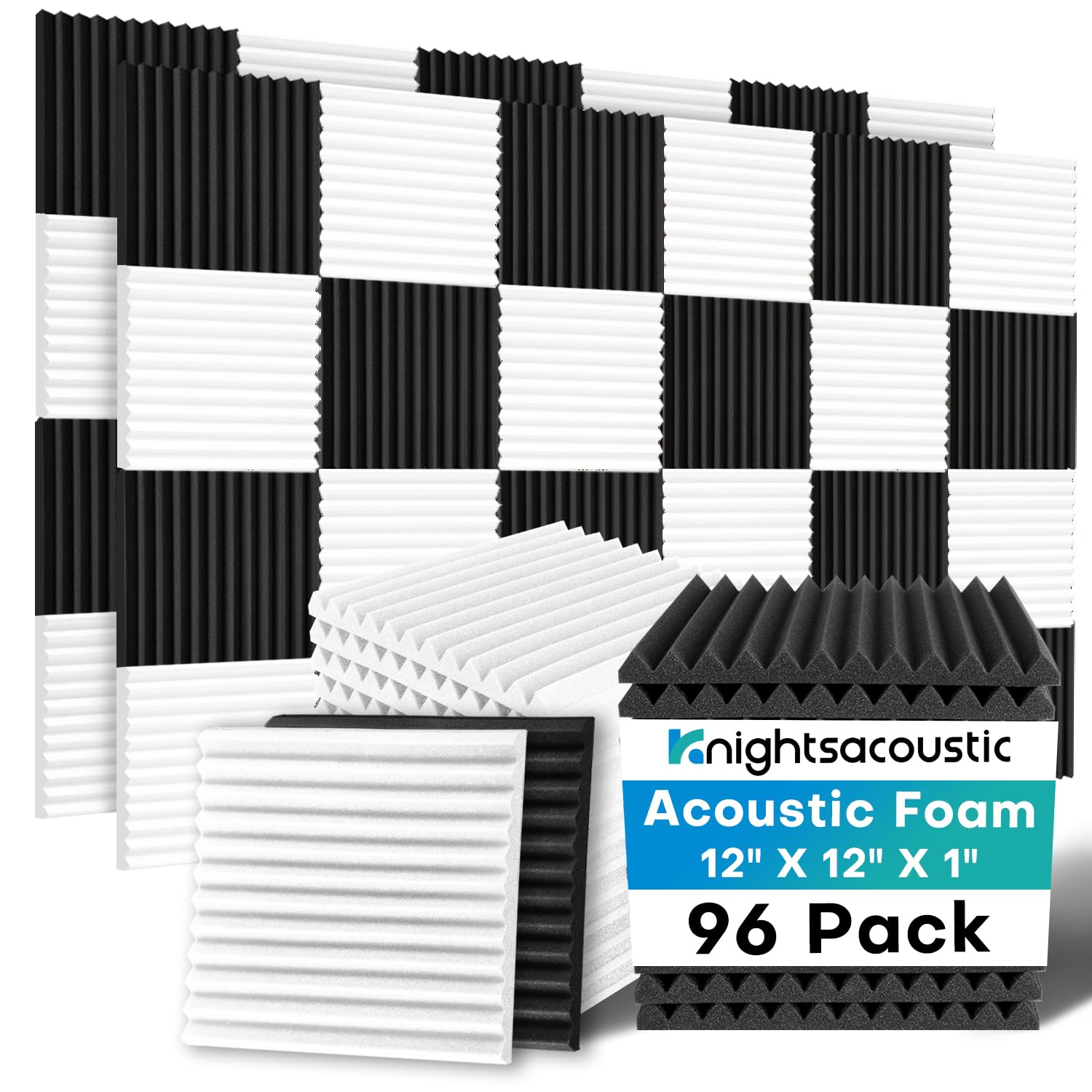 96 Pack Sound Proof Foam Panels for Walls, 1 X 12 X 12 Inches Acoustic Foam Panels, High Density Acoustic Panels Sound Absorbing, Black White Noise Cancelling Studio Wedges (NOT INCLUDE ADHESIVE)