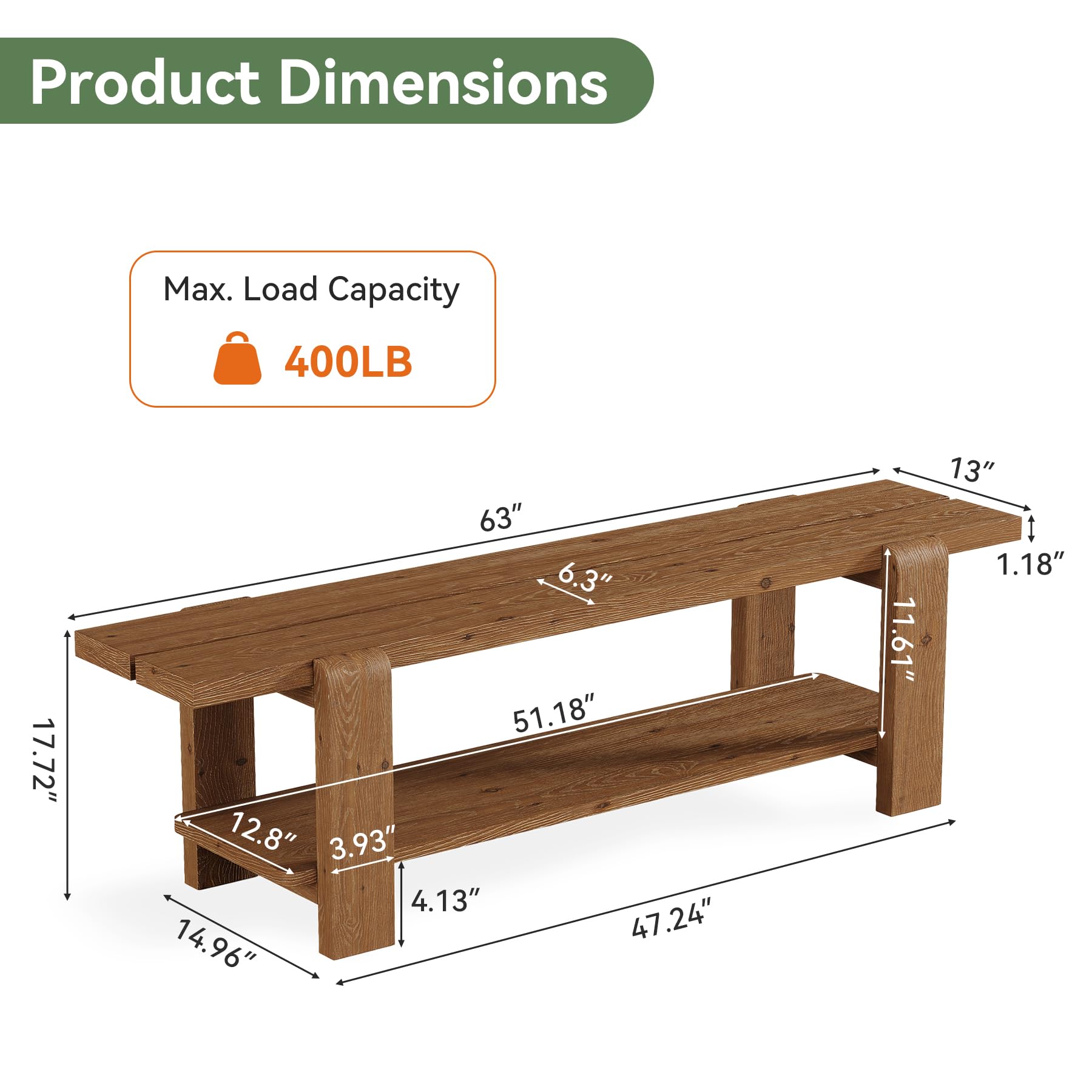 Solid Wood Entryway Bench with Shoe Storage Shelf, 63-Inch Long Farmhouse Entry Shoe Bench, End of Bed Bench for Bedroom, Hallway, Living Room, Mudroom, Rustic Brown
