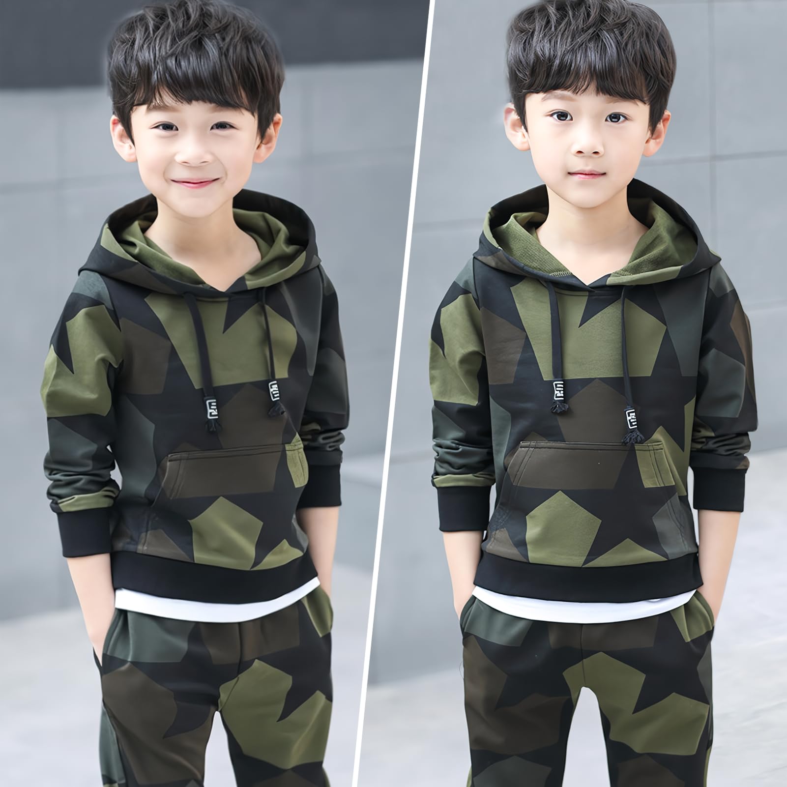 Tuta da Jogging per Bambini 2 Pezzi Tuta Sportiva Mimetica Giacca Sportiva con Cappuccio e Pantaloni