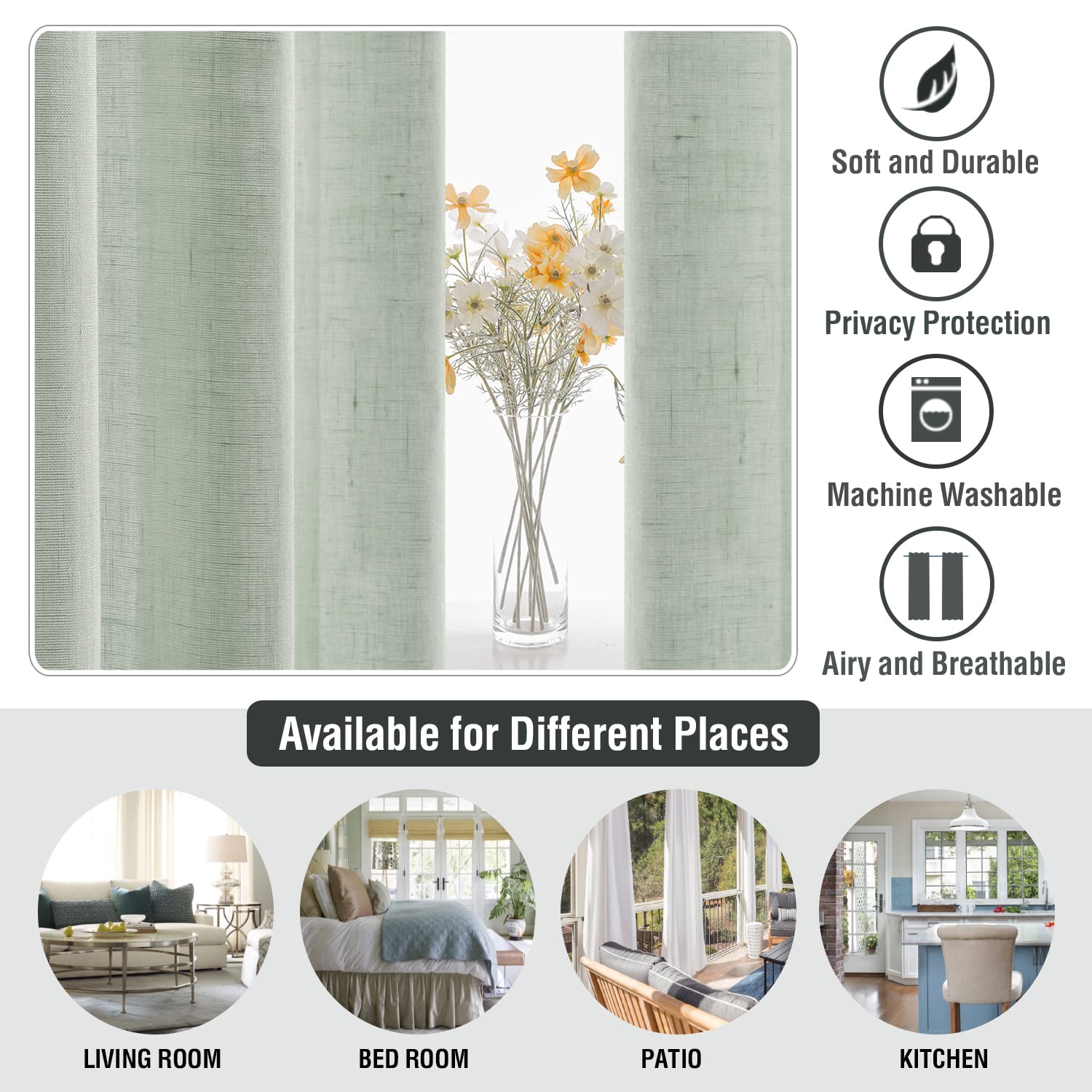 Lanqinglv Gardinen Vorhänge mit ösen Voile Vorhang 2er Set H 160 x B 132 cm,Salbei Grün Leinenoptik Halbtransparent Vorhänge für Wohnzimmer Schlafzimmer Kinderzimmer,Leinen Schiebevorhang
