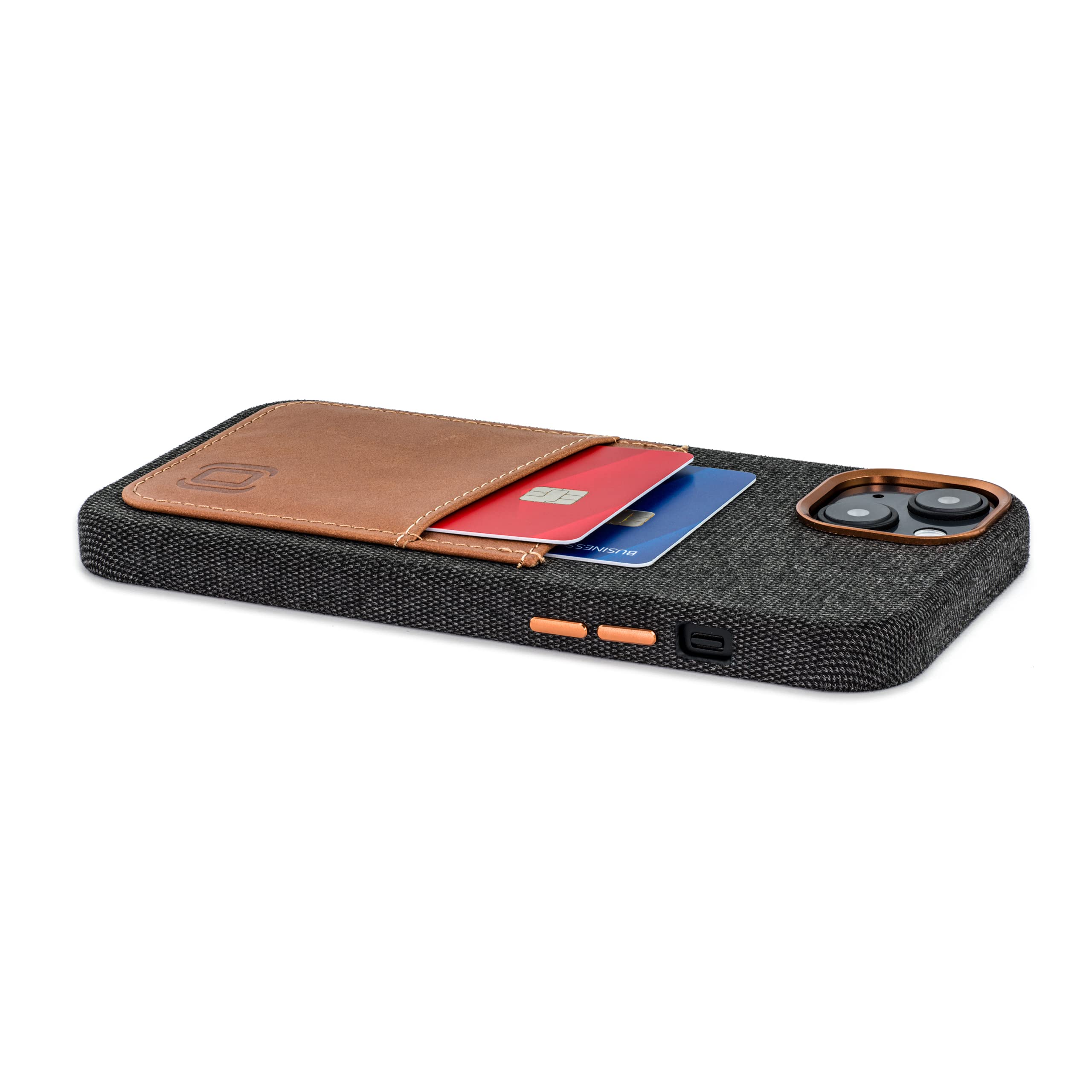 Dockem Custodia Portacarte in Tessuto per iPhone 14 Plus con Piastra Metallica Integrata per Montaggio Magnetico, Portafoglio Cucito in Vera Pelle con 2 Slot per Carte di Credito/ID: M2F