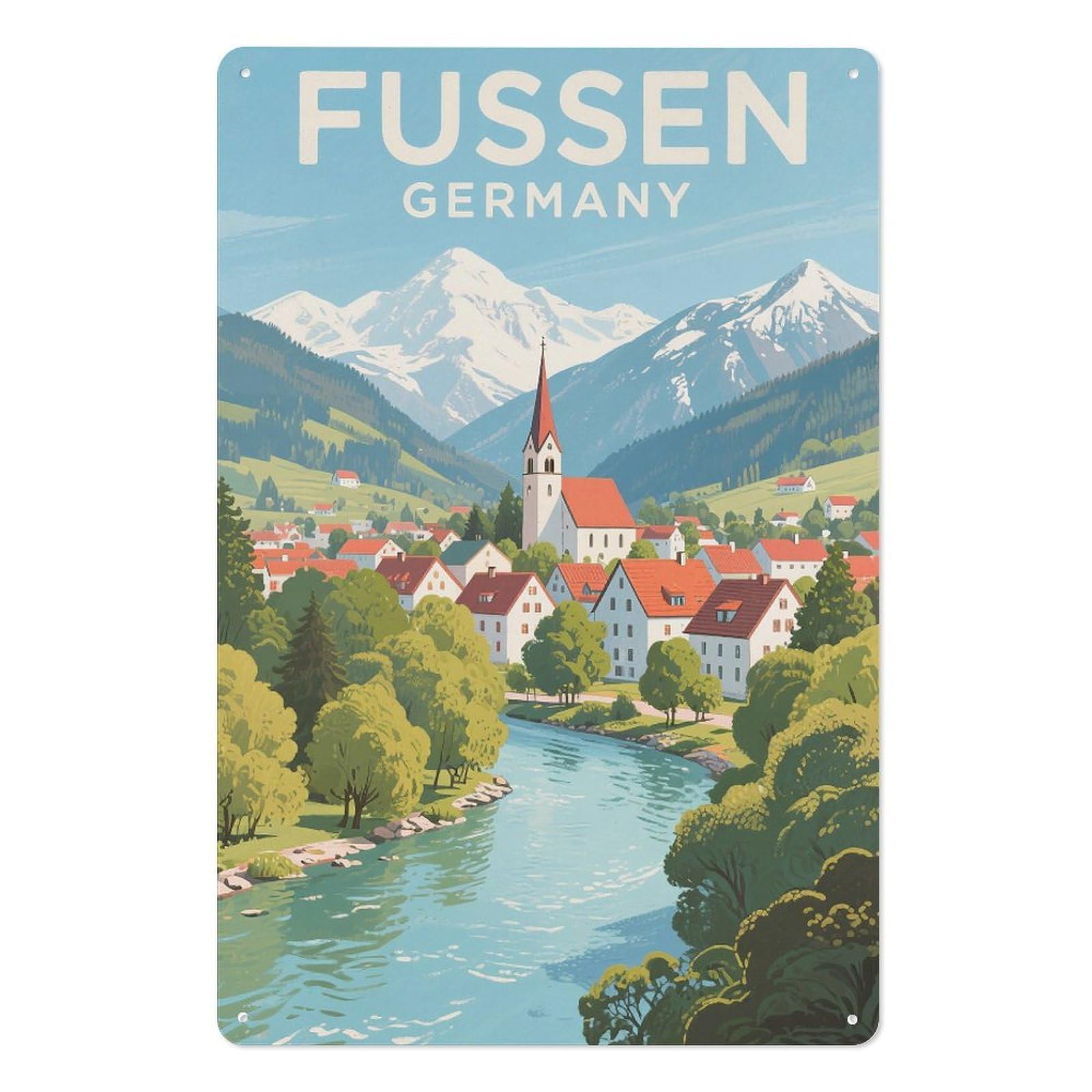 Fussen Germany Retro Design Tin Paintings Vintage Tin Sign 08x12inch(20x30cm) Wall Art for Home Office Bedroom Living Room Cafes Wall Decor