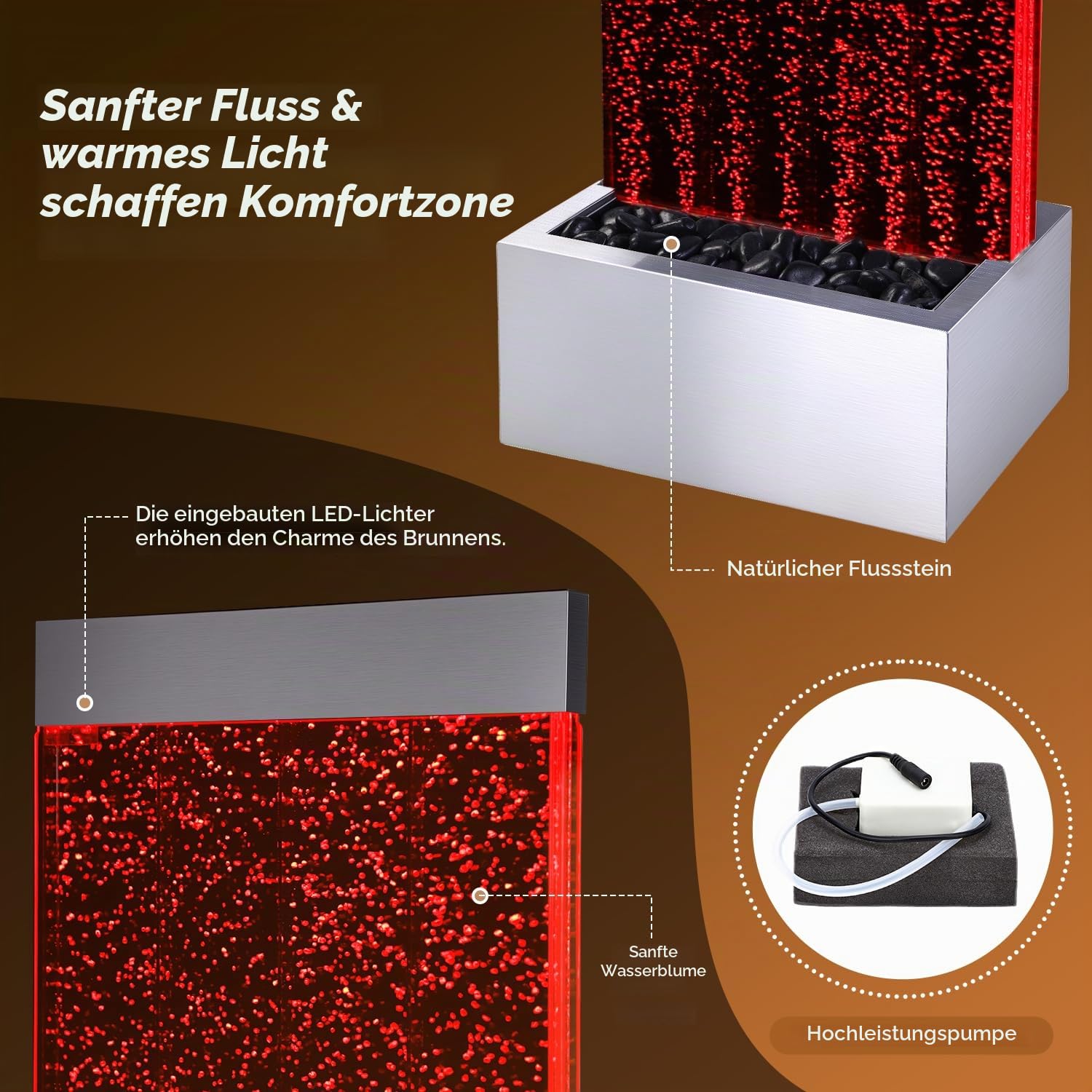 Jocoevol Wasserfallbrunnen, Acryl, für den Innenbereich, Bodenstehend, Wasserwand mit wechselnden LED-Farblichtern, Fernbedienung, 162,6 x 48,3 cm, Einweihungsfeier, Weihnachtsdekoration (Blasenwand)