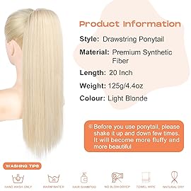 SEIKEA Ponytail Extensions Drawstring Long Straight Fake Pony Tail Natural Soft Clip in Hair Extension Synthetic Heat Resistant Hairpiece 20 Inch Light Blonde