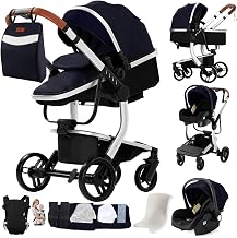 PU Leather Baby Stroller 3 in 1, Portable Folding Stroller, High Landscape Stroller Can Be Pushed Back and Forth, Multifunctional Baby Stroller (M518 Silver Blue)