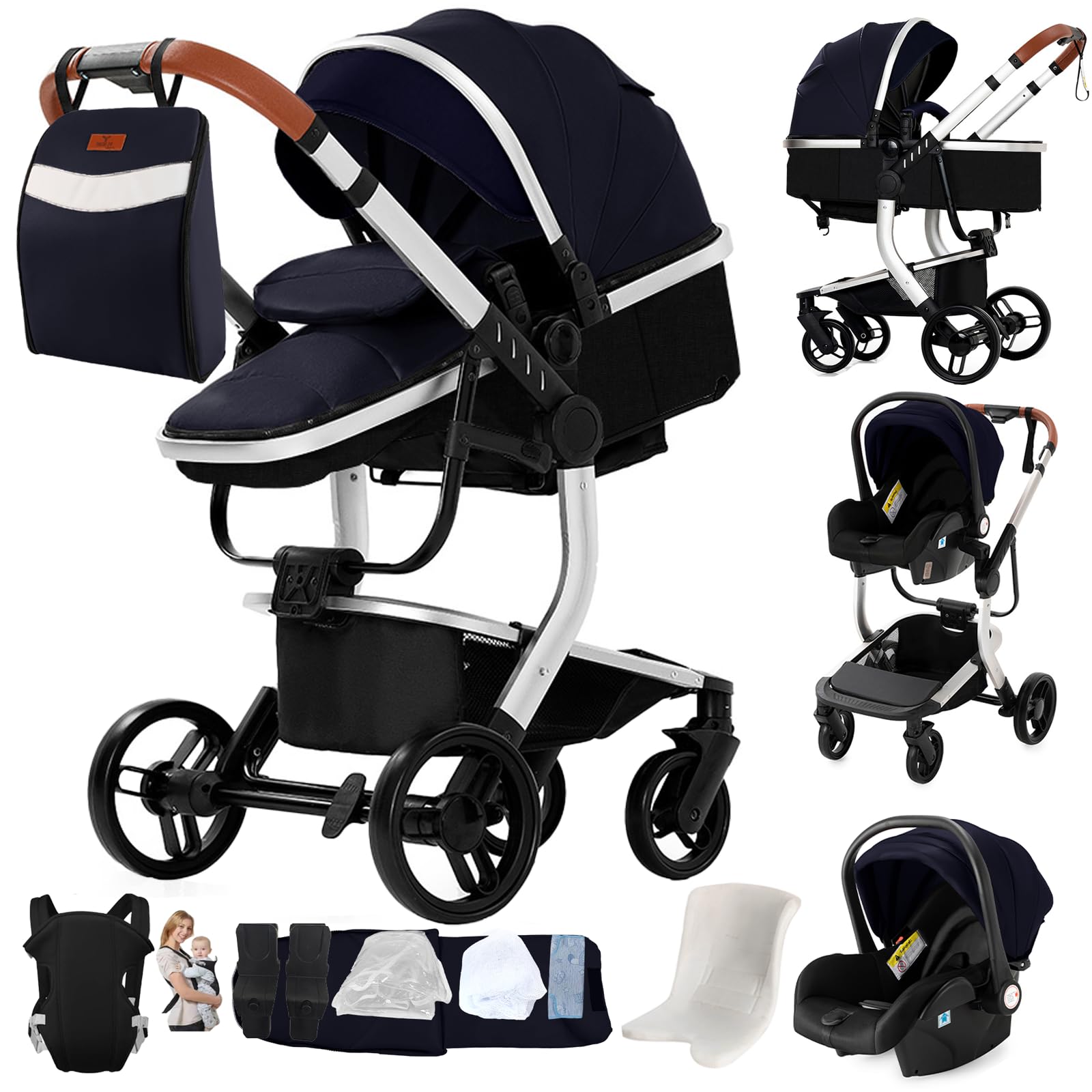Cuero PU Carrito Bebe 3 en 1, Portátil Cochecito Plegable, Carrito de Paisaje Alto Se puede empujar hacia adelante y hacia atrás, Cochecito de Bebé Multifuncional (M518 Silver Blue)