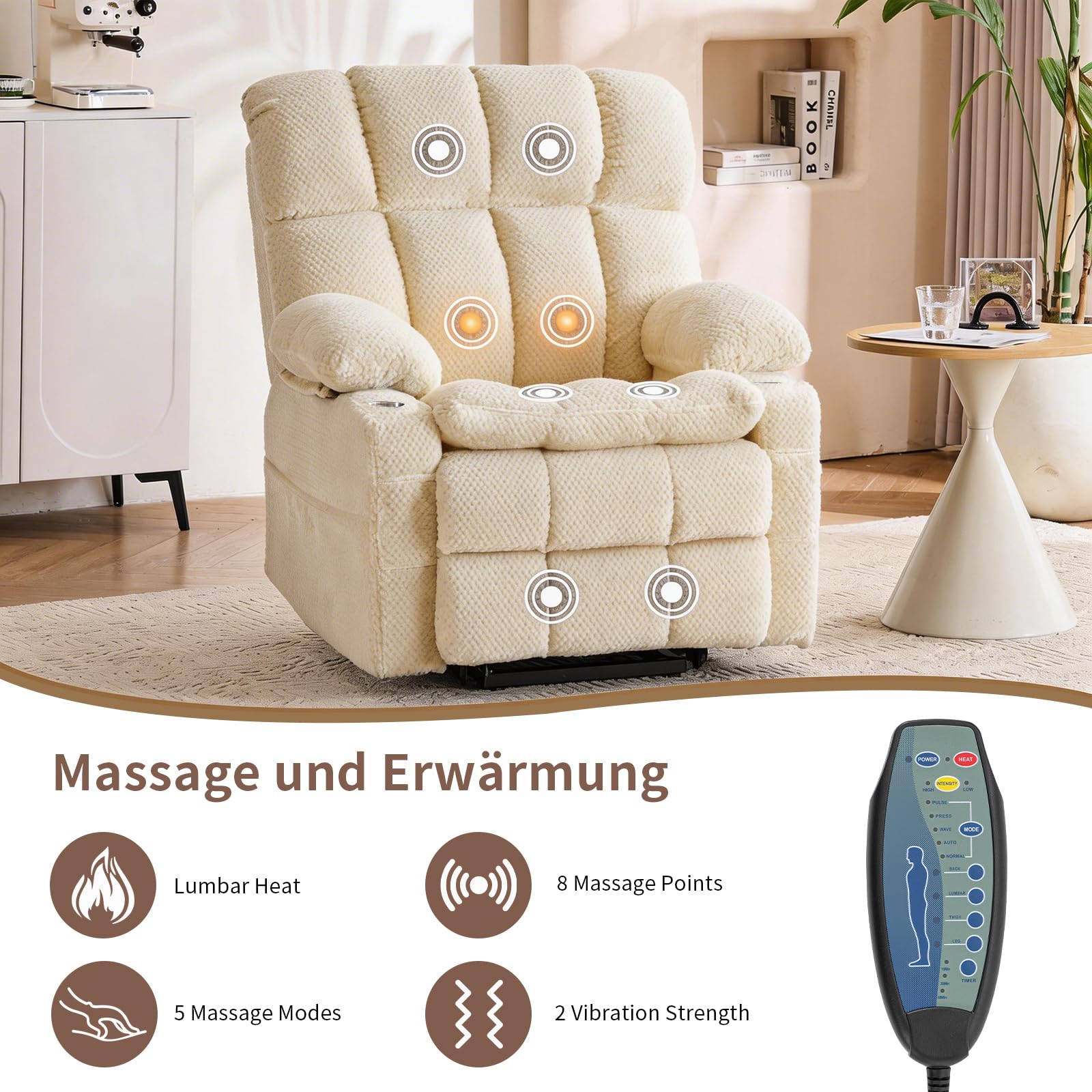 fernsehsessel elektrisch verstellbar，Zweimotoriger Antrieb relaxsessel mit Aufstehhilfe Sessel Wohnzimmer relaxsessel mit liegefunktion, multifunktionales Einzelsofa（Beige）