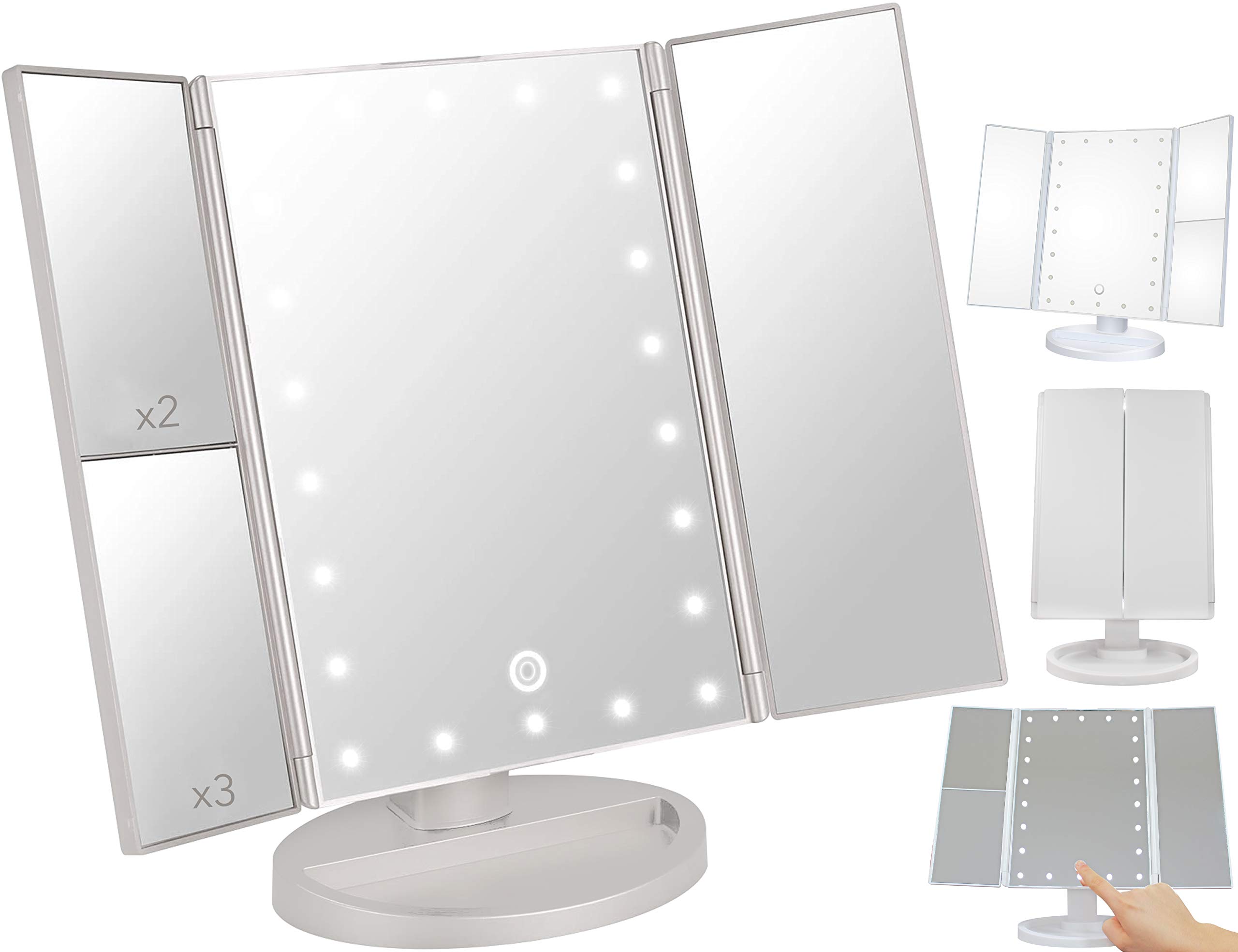 LED Table Makeup Mirror with Lights, 1x/2x/3x Magnification, Touch Screen Adjustable Brightness, 180° Rotation, Dual Power Supply, Portable Vanity Mirror for Dressing Table