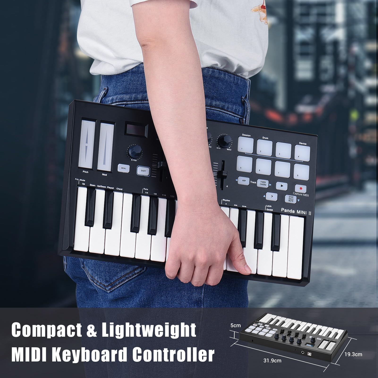 WORLDE Panda MINI II Tastiera Controller MIDI USB Portatile a 25 Tasti con Pad Retroilluminati RGB per Produttori Musicali e DJ Nero + Bianco