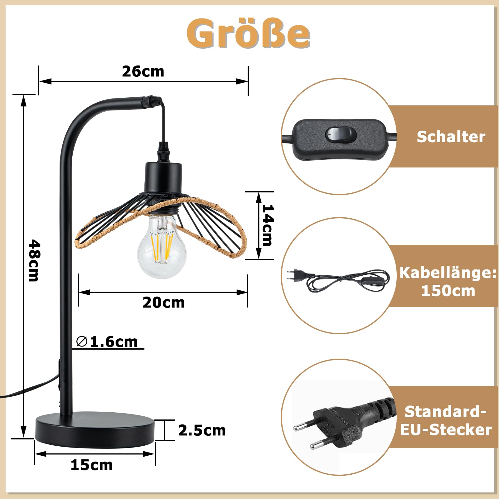 Tischlampe Schwarz Nachttischlampe Vintage 2er | Nachtlampe mit Kabel Tischleuchte E27 Schlafzimmer Schreibtischlampe Retro Leselampe Metall Tisch für Wohnzimmer