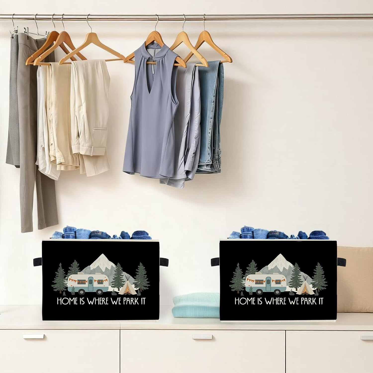 Camping Camper Storage Box Bins, Home Is Where We Park It Campfire Collapsible Storage Basket Organizer for Camper RV Trailer Bathroom Clothes Books, Decor for Room