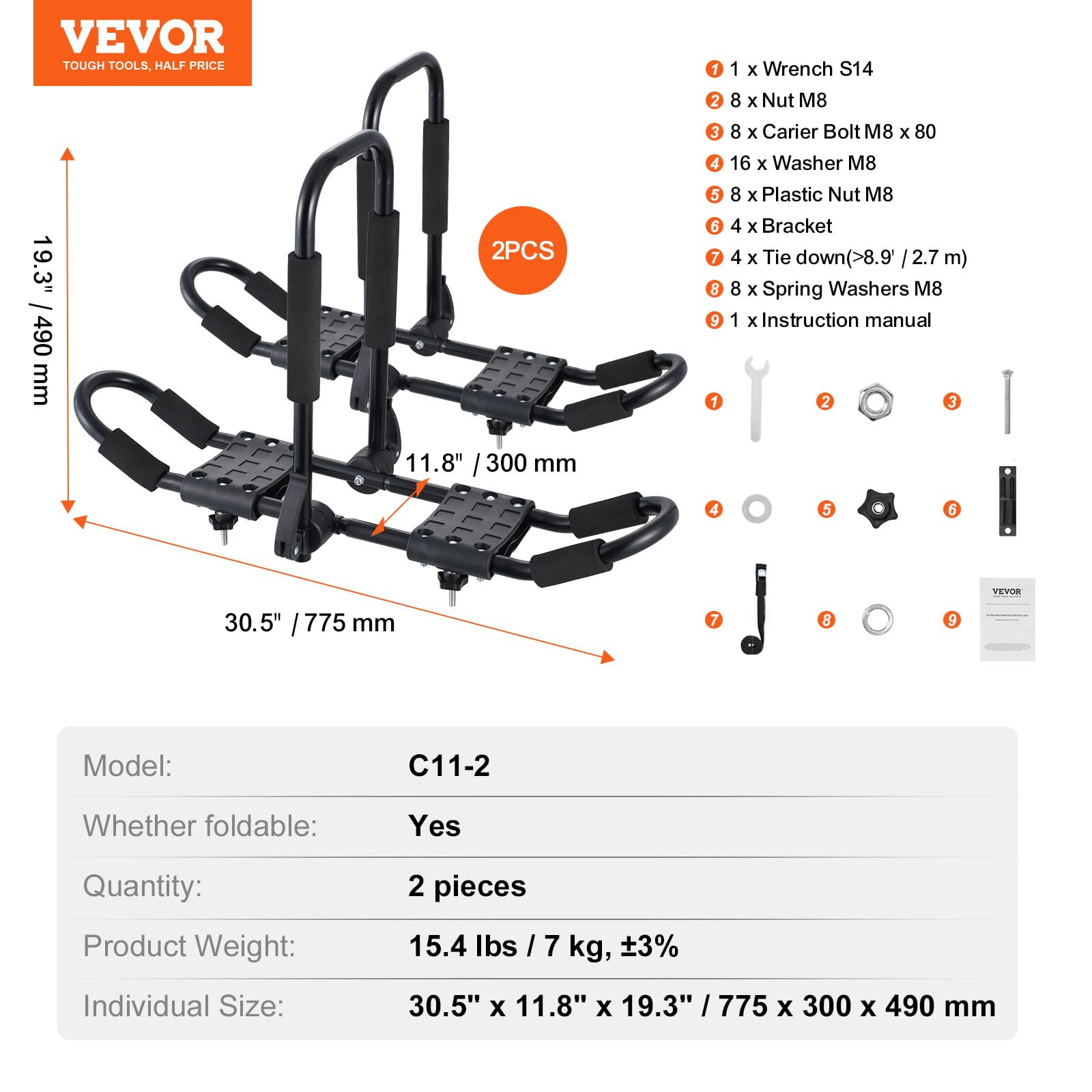 VEVOR Porte-Kayak pour Toit 1 Paire, Barres de Toit Souples en J, pour Kayak, Planche de Surf, Canoë, SUV, Camion