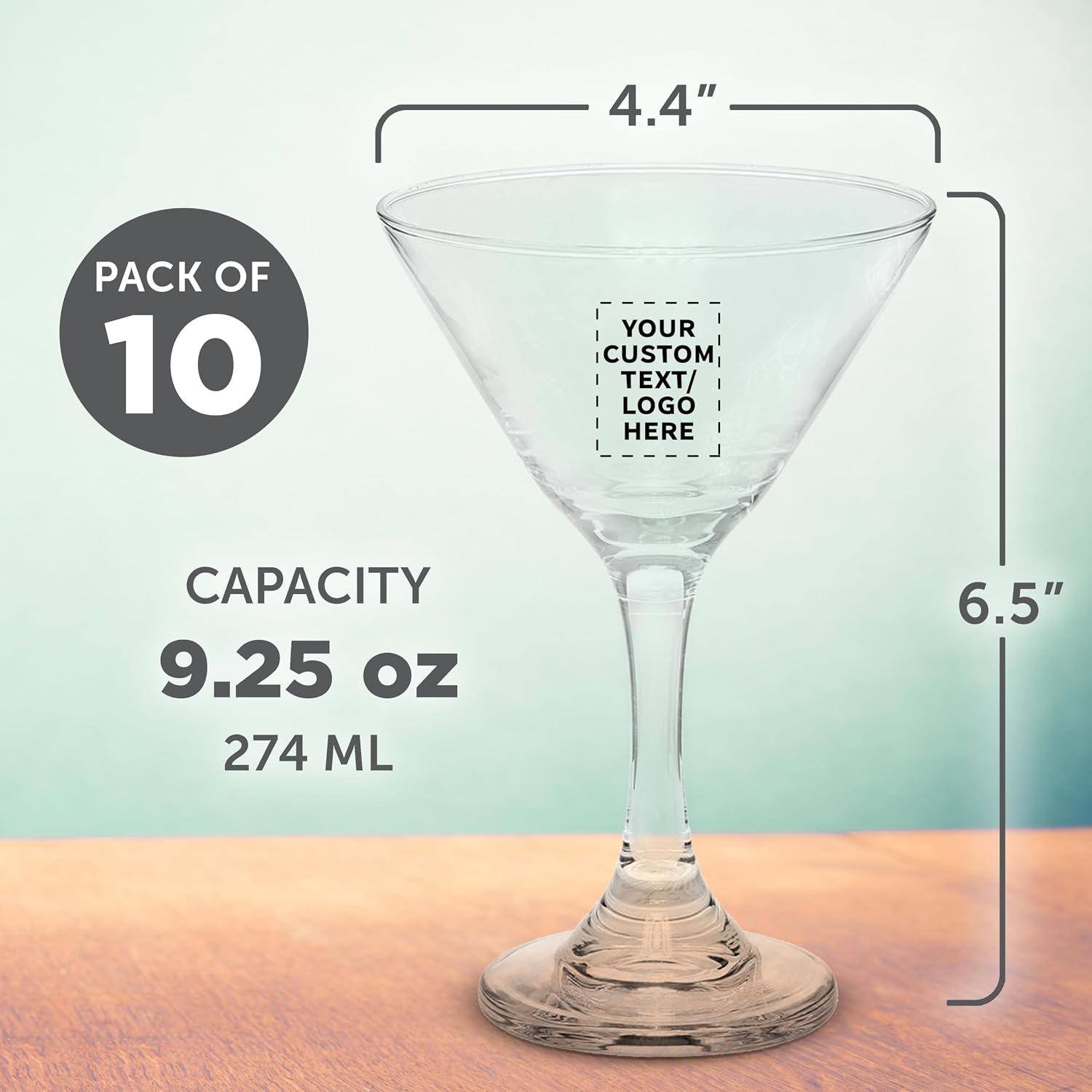 Custom Classic Martini Glasses 9.25 oz. Set of 10, Personalized Bulk Pack - Great for Cocktails, Wedding Favors, Party Favors, Events - Clear