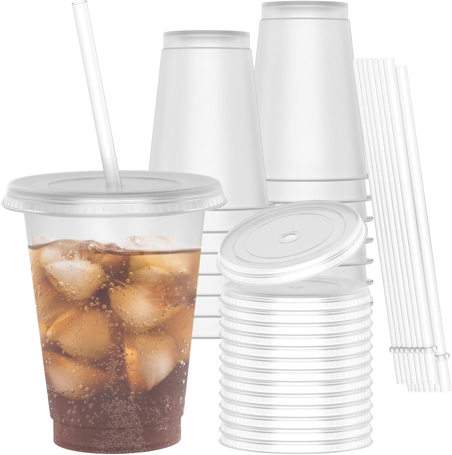 16 oz Plastic Cups With Lids and Straws, Sturdy & Food-Safe Iced Coffee Cups With Lid, Plastic Tumbler Reusable, Drinking Cups for Cold Drinks, Milkshakes, Smoothies - Clear(15 Sets)