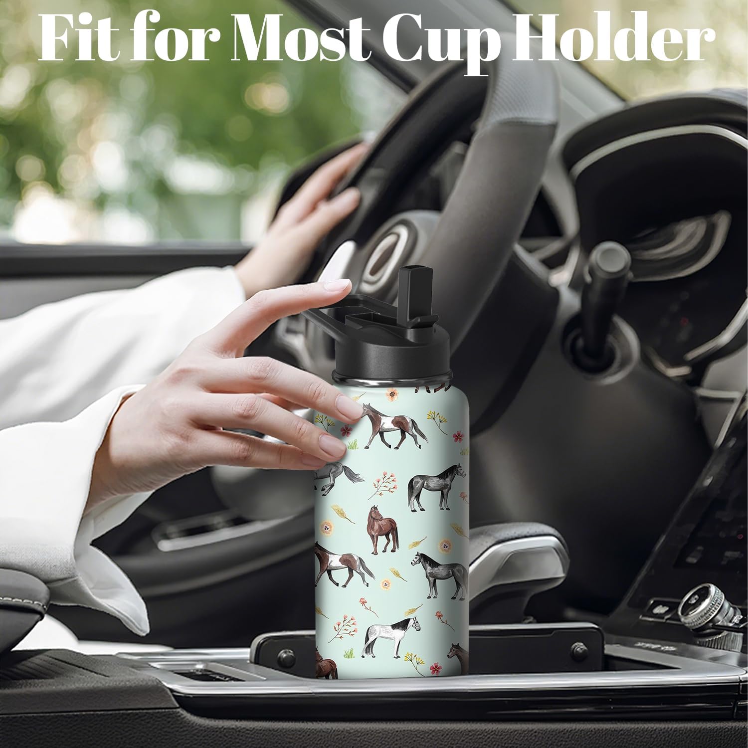 32oz Horse Water Bottle with Handle and Flip Straw, Sports Stainless Steel Insulated Cup Travel Coffee Mug Tumbler, Birthday Mothers Day Chritmas Gifts for Women