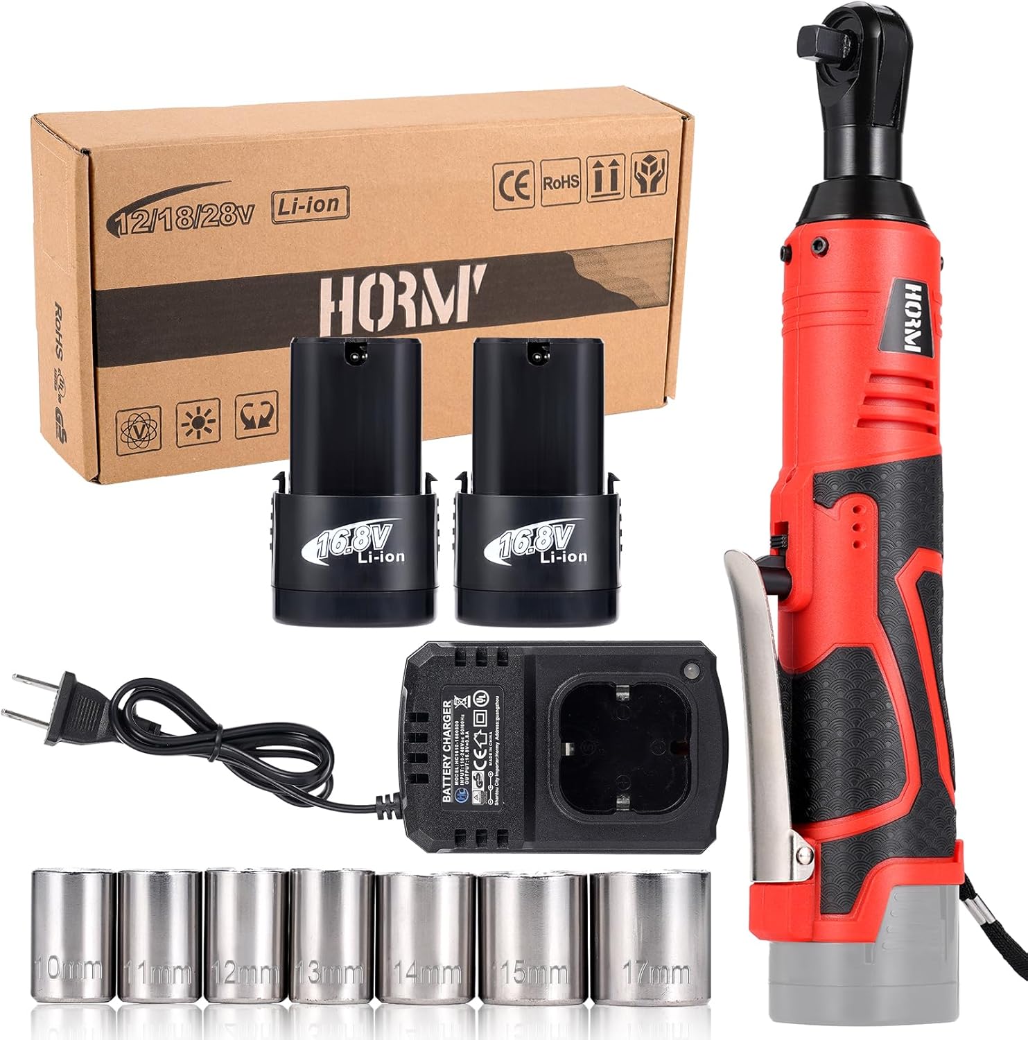 3/8" Cordless Electric Ratchet Wrench Set, 40 Ft-Lbs 16.8V Battery Power Ratchet Tool Kit with Variable Speed Trigger, 2 Packs 2.0Ah Battery, Charger, 7 Sockets