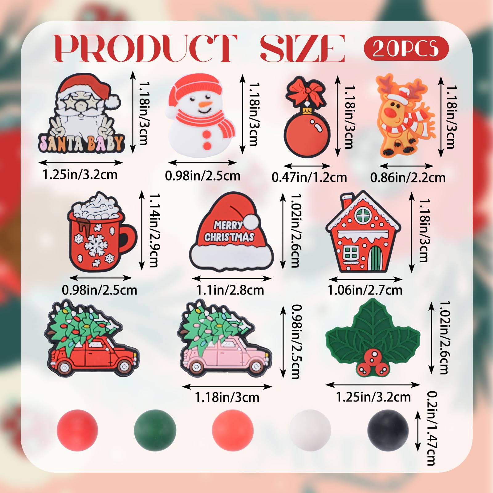 URROMA Christmas Silicone Beads, 20Pcs Irregular&Round Loose Beads with Santa Claus Snowman Shape Beads for Pen Lanyard Garland Making - Image 2