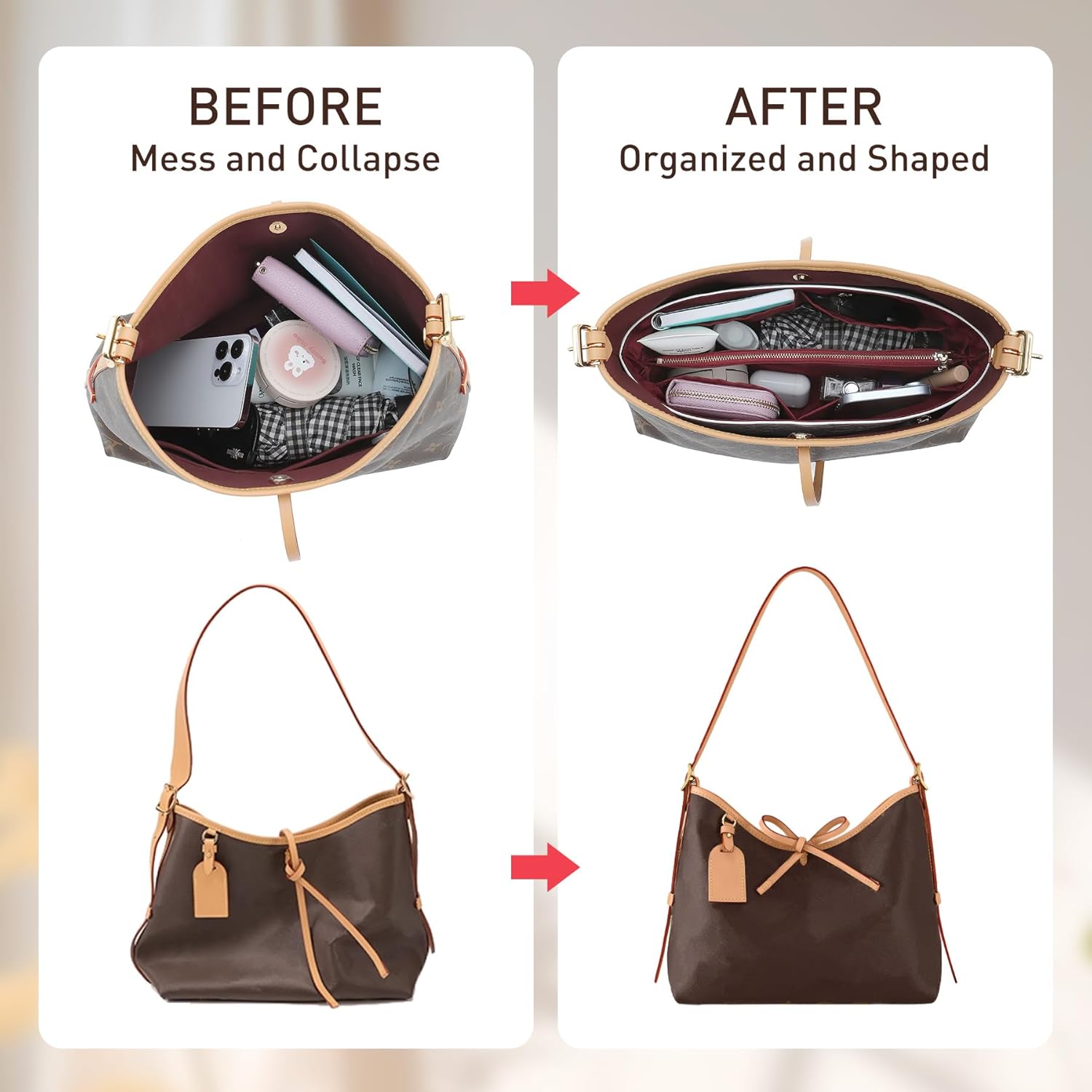 Dupontpaper Carryall PM Tote Bag Organizer Insert, Lightweight Portable Purse Organizer Insert Compatible with Lv Carryall, Purse Inner for Luxury Handbag & Tote Shaper(PM, White-red) - Image 4