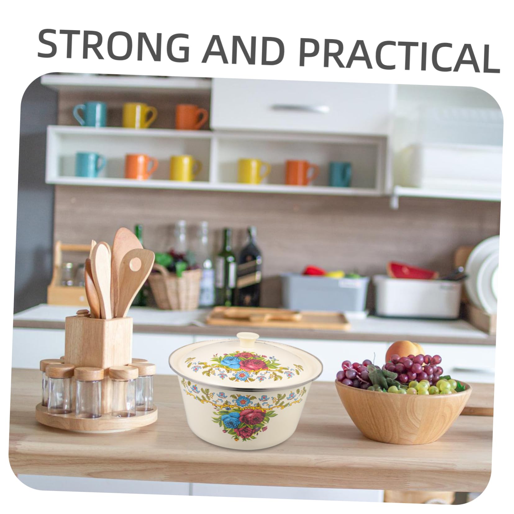 Angoily Groß Email Bowl Emailware Suppenschüssel: Emaille Mischschüssel mit Deckel e Dekorative Camping Lebensmittelzubereitung Öl Lagerung CAN 26 Cm