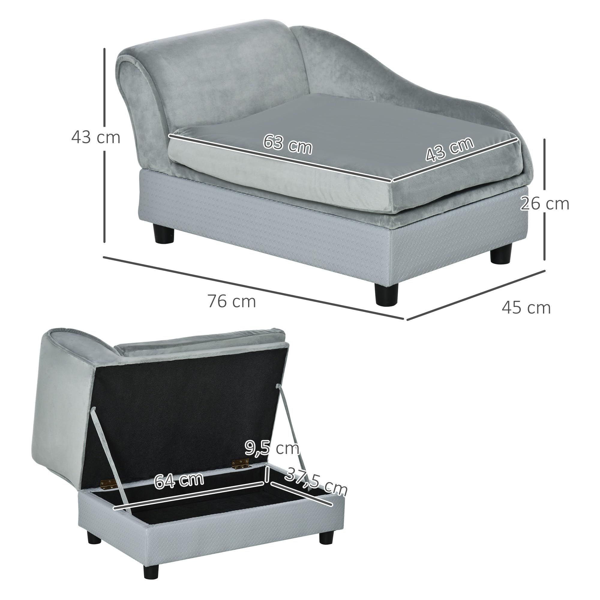 PawHut Hundesofa Hundebett Hundecouch aus Plüsch mit Lagerraum, Rückenlehne, Kissen Katzensofa für kleine Hunde 76 x 45 x 43 cm Hellgrau