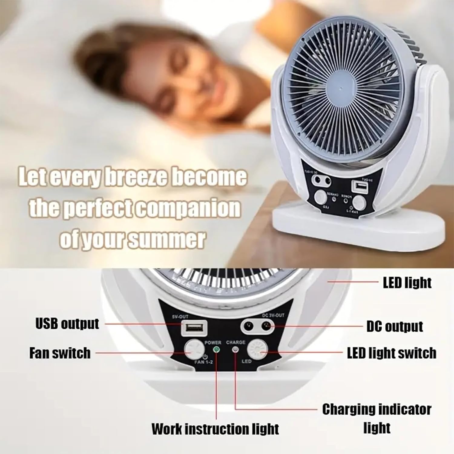 Camping Fan with Solar Panel, Rechargeable Battery Powered Tent Fan with LED Light & Bulbs, Portable Desk Fan for Outdoor Camping, Fishing, Hurricane, Home Emergency