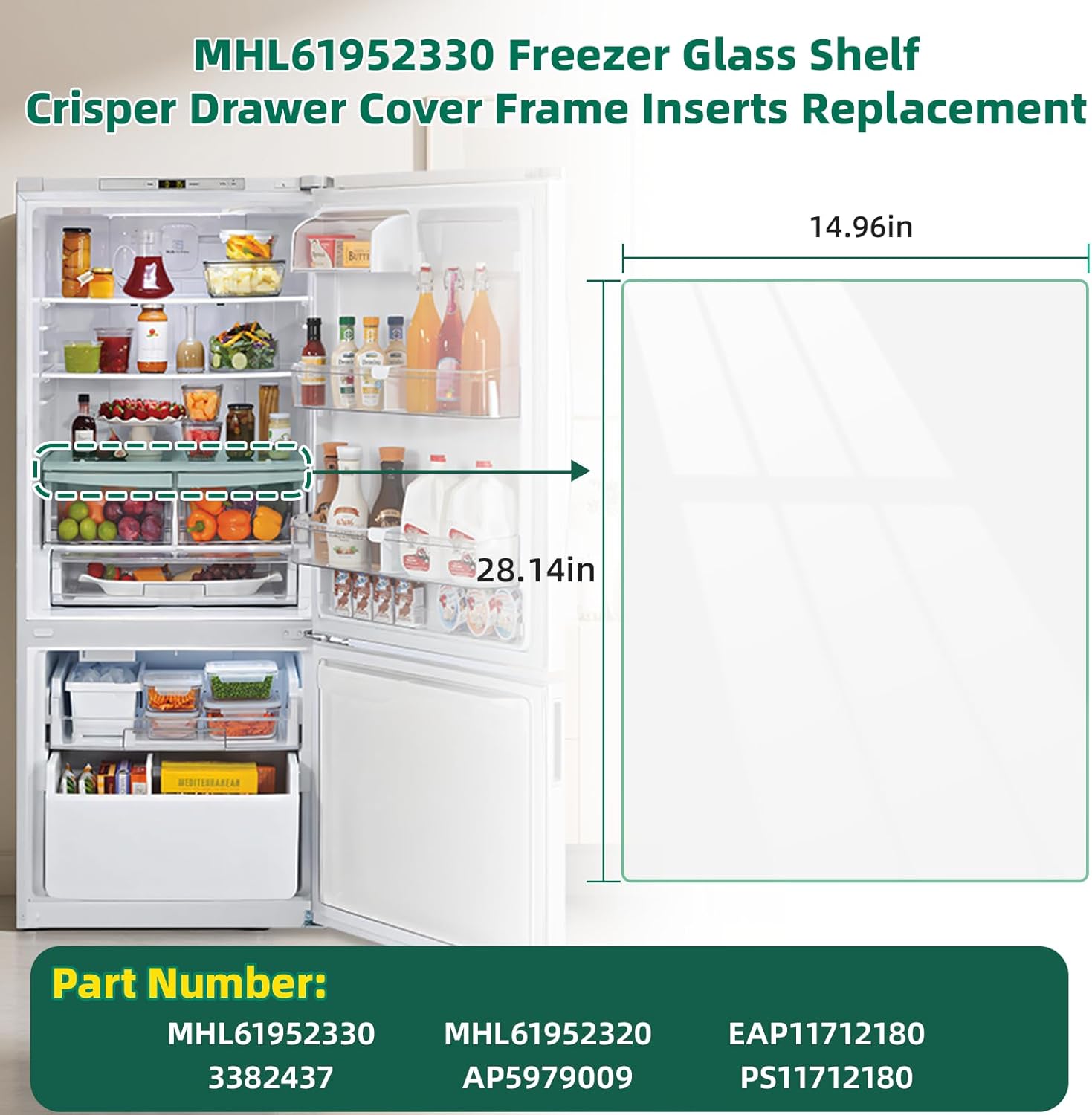 Upgraded MHL61952330 Refrigerator Glass Shelf Replacement Compatible with lg, kenmore Refrigerator Shelf Replacement Glass Shelf Insert Crisper, Tempered Glass Crisper Drawer Cover