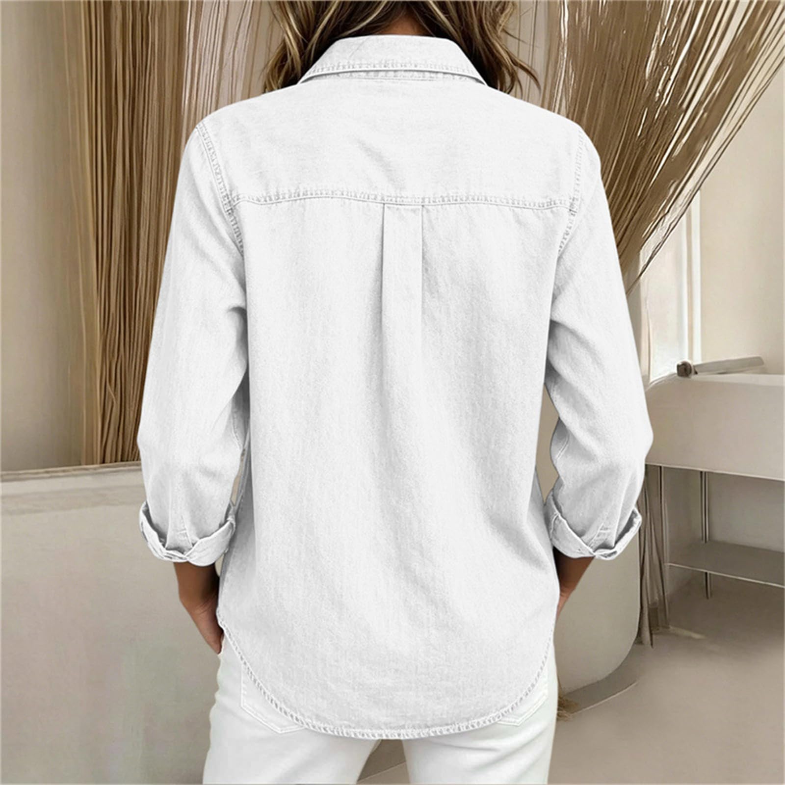 Generisch Camisa vaquera de manga larga para mujer, con botones, talla grande, blusa informal