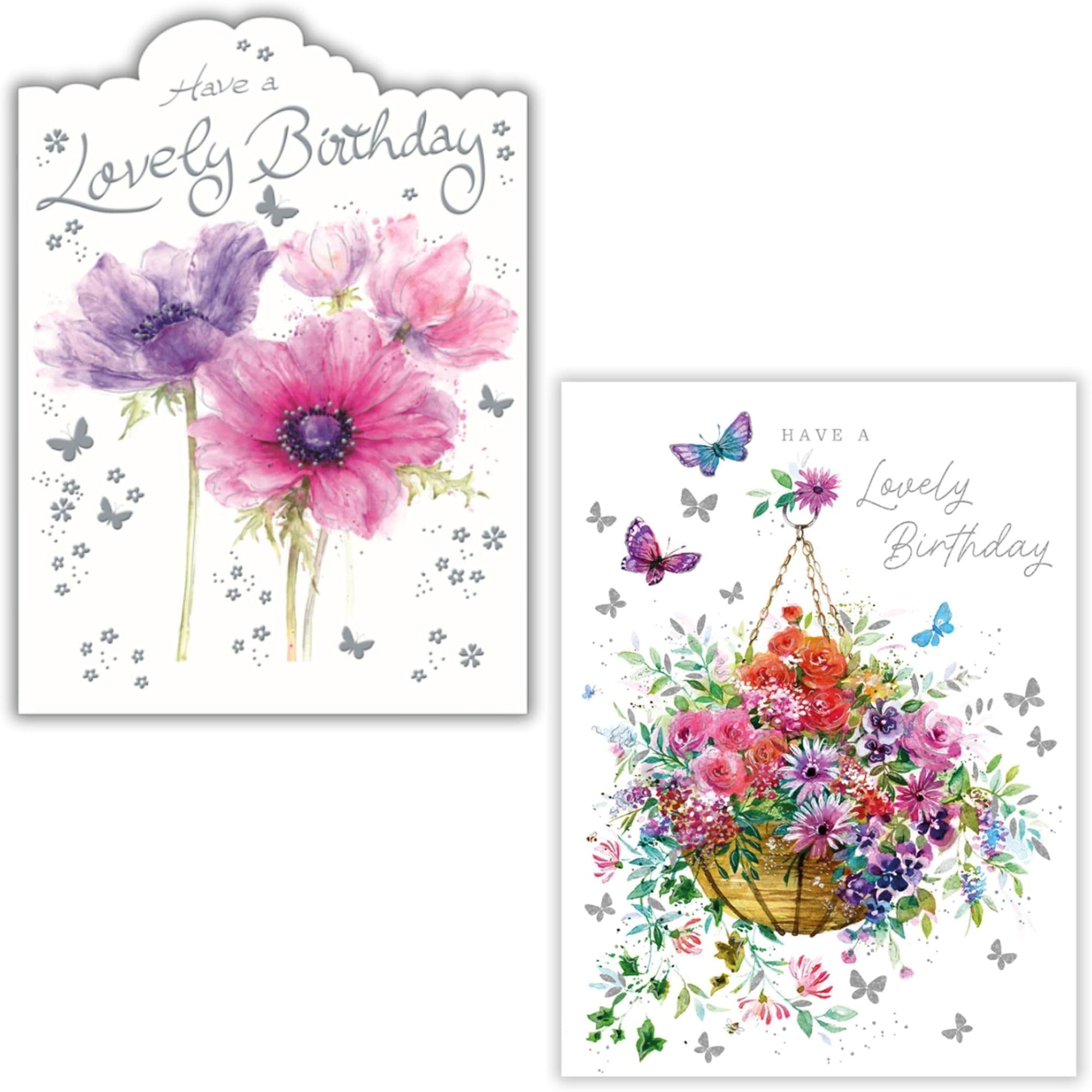 Noel Tatt Two Pack Birthday Cards for Women - Multipack of 2 - Assorted 'Lovely Birthday' Floral Designs - Pretty Flower Themed Greeting Cards with Envelopes