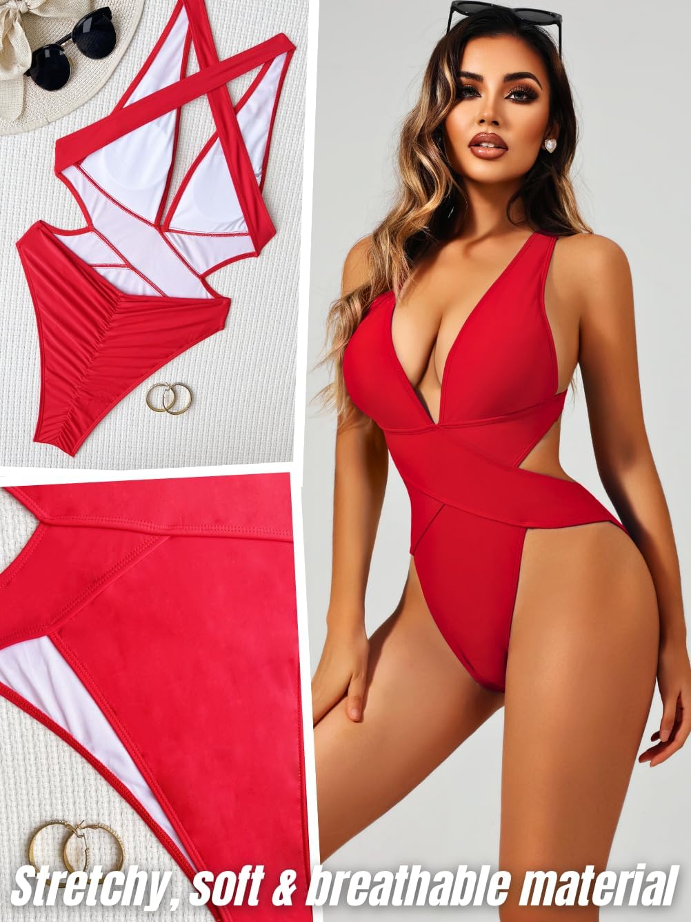 Sexy One Piece Swimsuit,Plunge Backless Color Block Swimsuits for Women,High Cut Scrunch Butt Monokini Beach Pool - Image 2