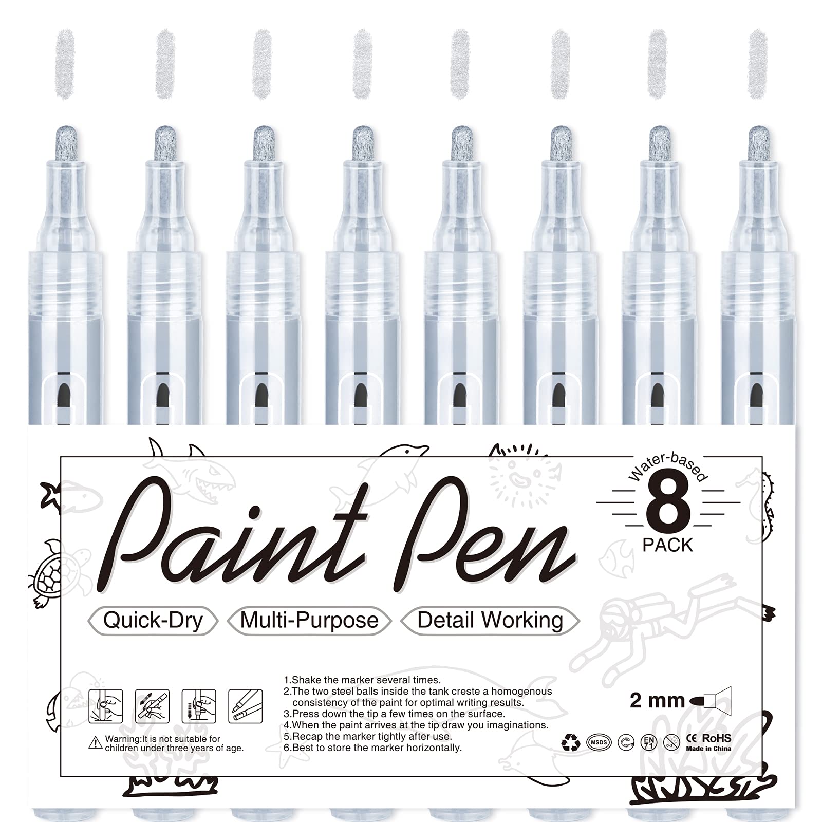 JR.WHITE Silver Paint Pen Acrylic Markers - 8 Pack Acrylic Paint Pens for Rock Painting, Ceramic, Glass, Wood. Water-Based Paint Markers Set Painting, Drawing & Art Supplies