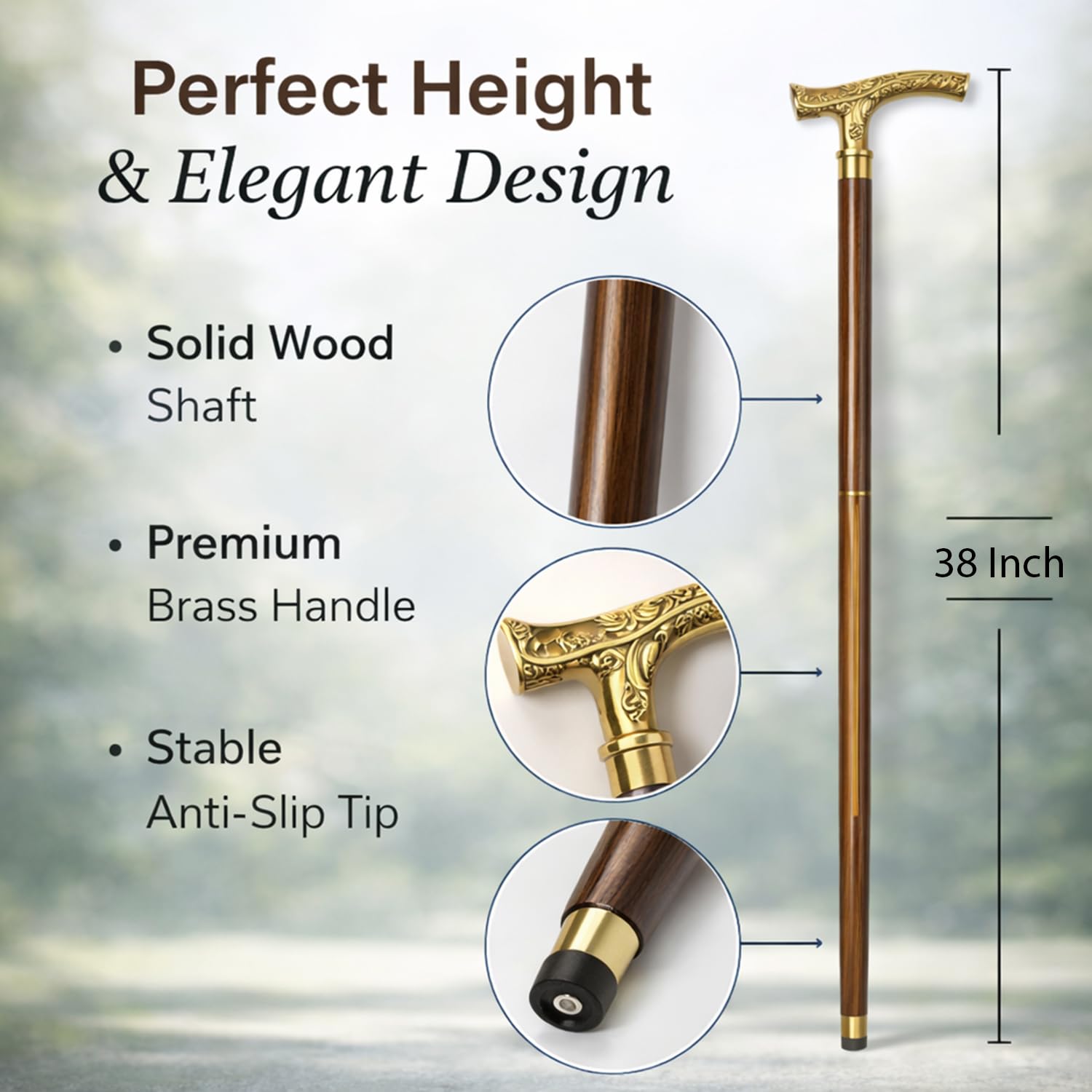 ITOS365 Premium Wooden Walking Stick for Men & Women | Detachable 3-Piece Cane with Brass Designer Handle | Travel-Friendly Support Stick with Anti-Slip Rubber Tip 2