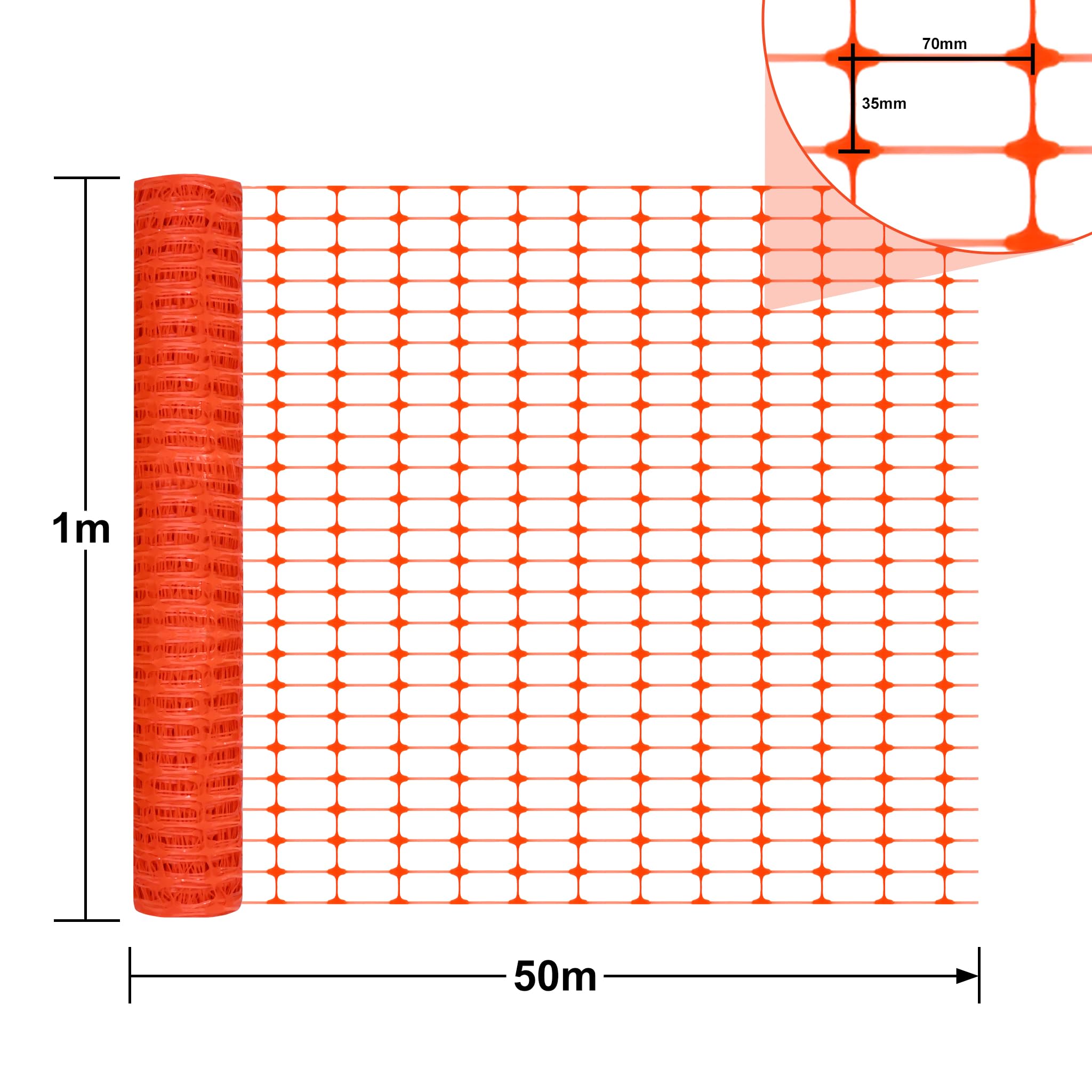 XMTECH Filet d'avertissement - 50 m - Orange - Hauteur : 1 m - Clôture de chantier - 1 rouleau de 50 m