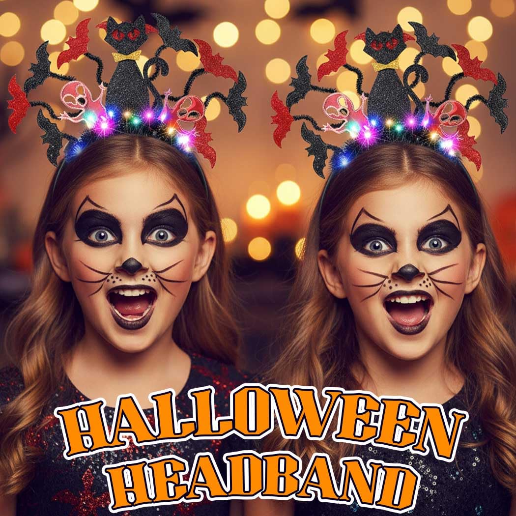 Zoestar Light Up Halloween Headband LED Black Cat Headbands Bat Ghost Hair Hoop Festival Costume Hair Accessories for Women - Image 3