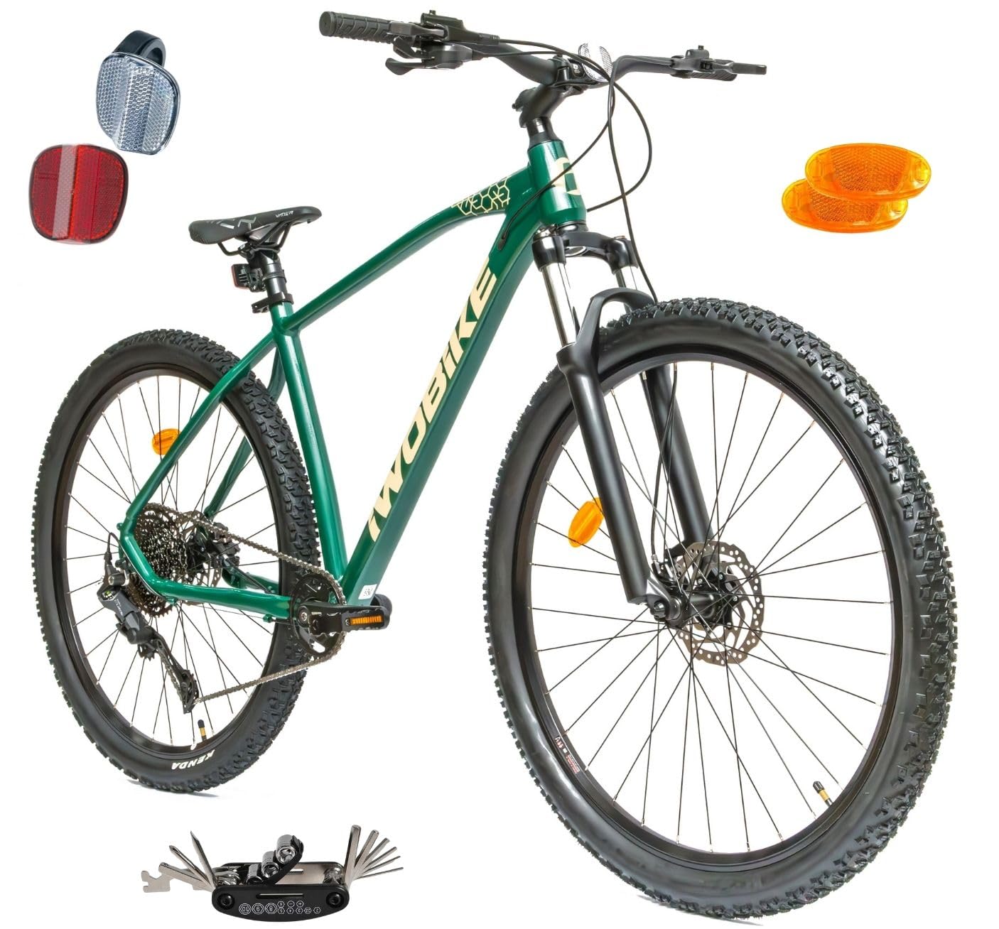 Rower Górski MTB, 29 Cali, Zielony Połysk z Żółtymi Akcentami | Rower Górski MTB, 29 Cali, Zielony Połysk z Żółtymi Akcentami, Męski, 11-Biegowy, Aluminiowa Rama 19", Amortyzacja SR amortyz