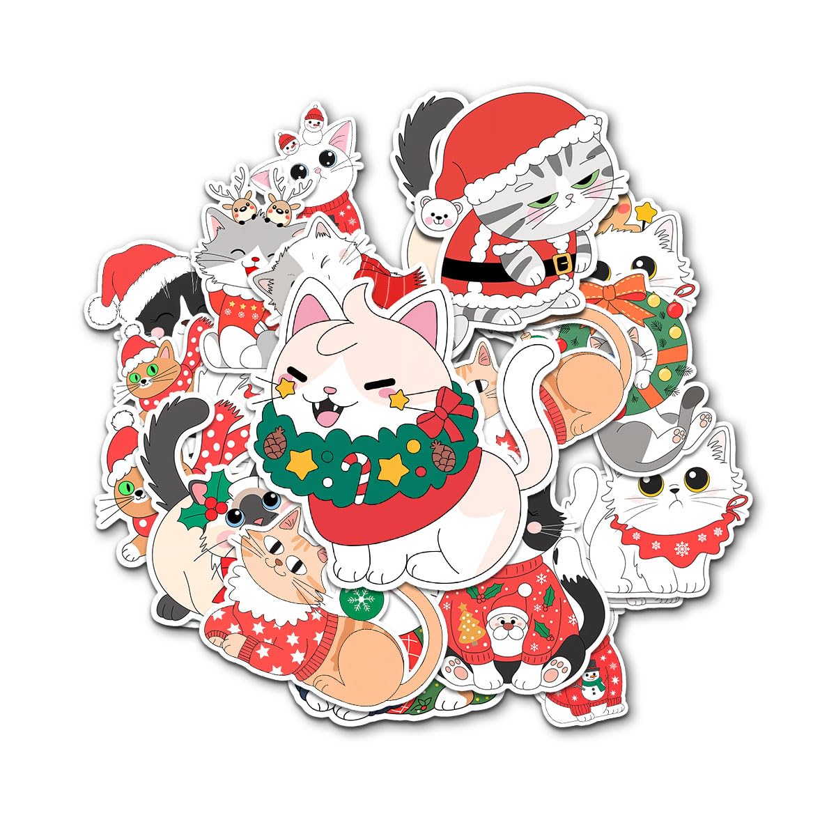 Set di 12 adesivi natalizi a forma di gatto, con cappello di Babbo Natale, maglione, sciarpa, ornamento, ghirlanda, decorazioni festive, adesivi in vinile per laptop, bottiglia d'acqua, telefono