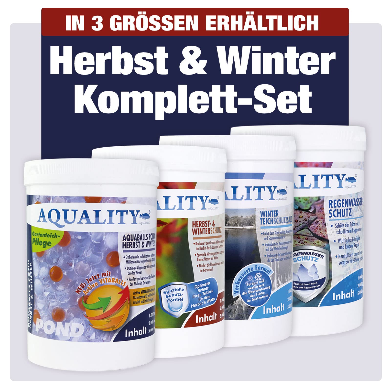 AQUALITY Gartenteich Herbst & Winter Komplett Spar-Set (1. Herbst- & Winterschutz - 2. Teichschutzsalz - 3. AQUABALLS - GRATIS: 4. Regenwasserschutz), Set-Größe:Set 5000