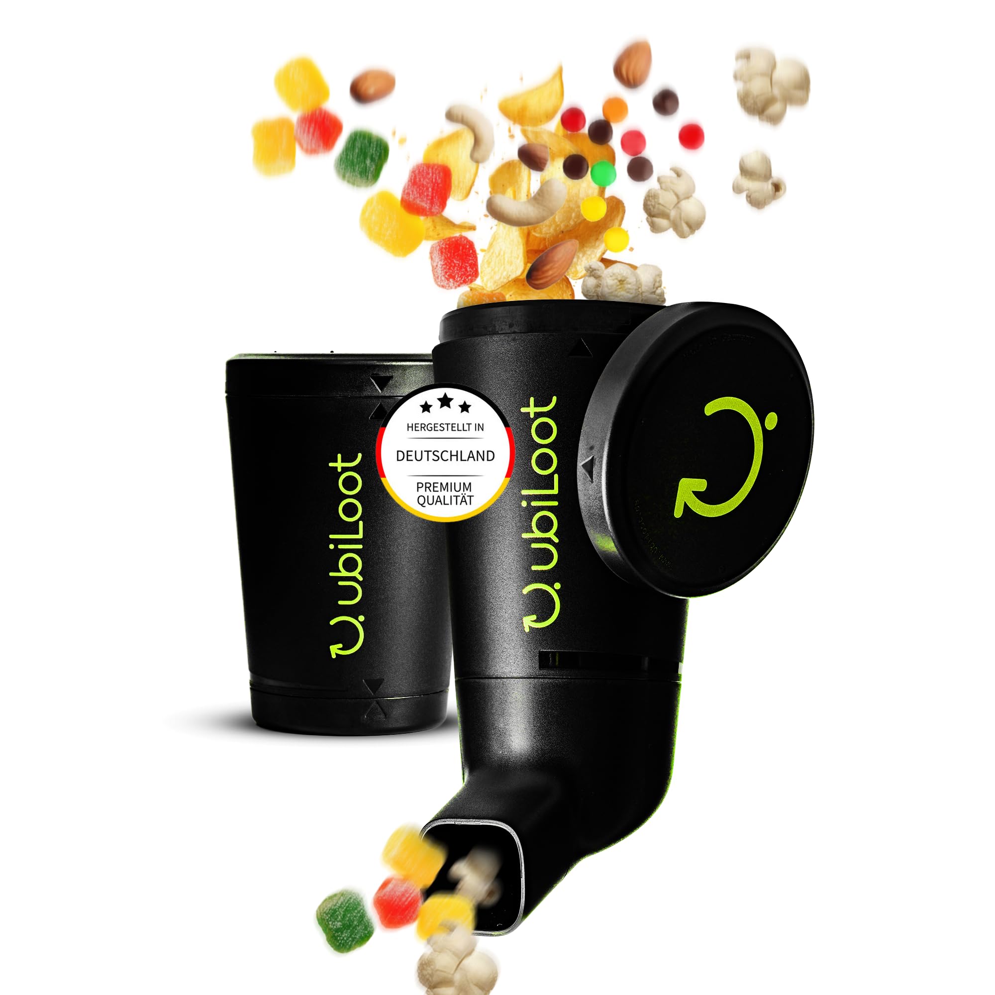 Ubiloot Snackspender - Snacken ohne fettige Finger, Made in Germany | 485 ml, BPA-frei, einhändig bedienbar, für M&Ms, Nüsse und Gummibärchen, Geschenkidee für Gamer