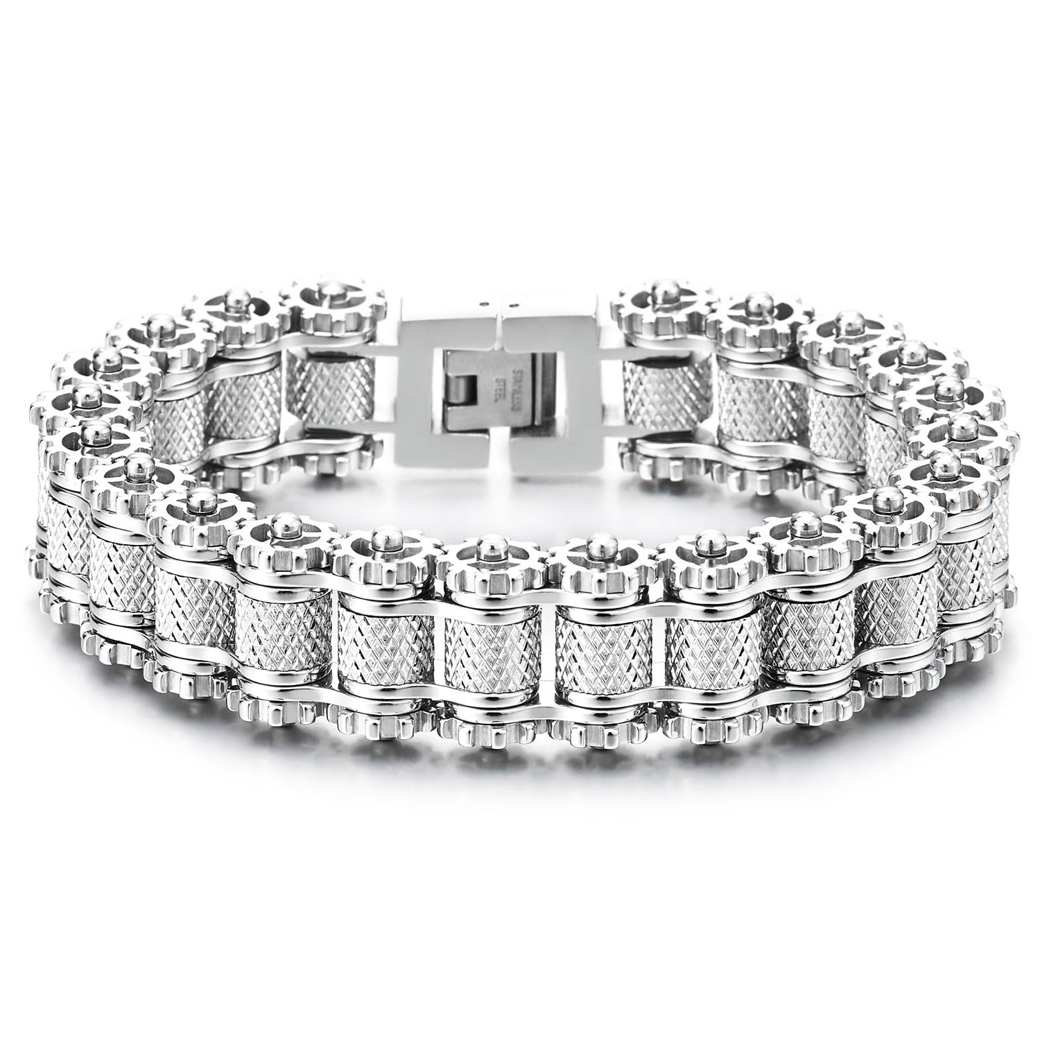 COOLSTEELANDBEYOND Men's Stainless Steel Gear Link Bracelet, Masculine Large Bike Chain, Heavy-Duty Industrial Style