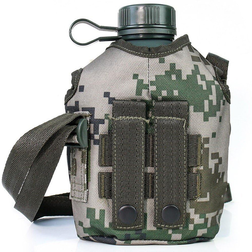 Zghhc Military Canteen Water Bottle, Aluminium Water Canteen Reinforced Nylon Cover Belt Holster, Capacity 1l Portable Water Bottles with Shoulder Strap for Outdoor