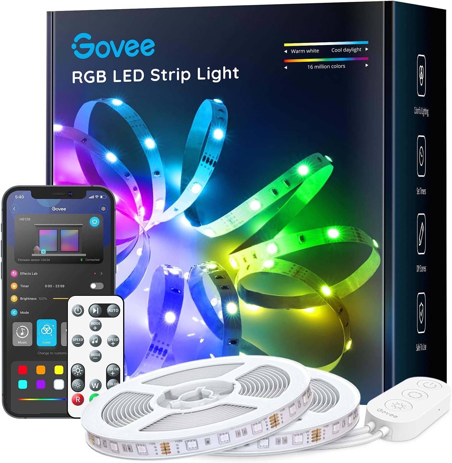 Govee 32.8ft Color Changing LED Strip Lights, Bluetooth LED Lights with App Control, Remote, Control Box, 64 Scenes and Music Sync Lights for Bedroom, Room, Kitchen, Party, 2 Rolls of 16.4ft