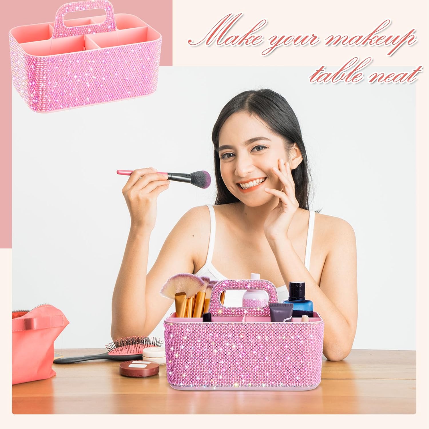 Marspark Bling Makeup Caddy Organizer with Handle, Sparkly Art Craft Holder, Glitter Bathroom Hair Caddy, Shimmer Pen Pencil Holder for Women Desk Organizer, Bling Gifts for Women(Pink,Pearl Diamond)