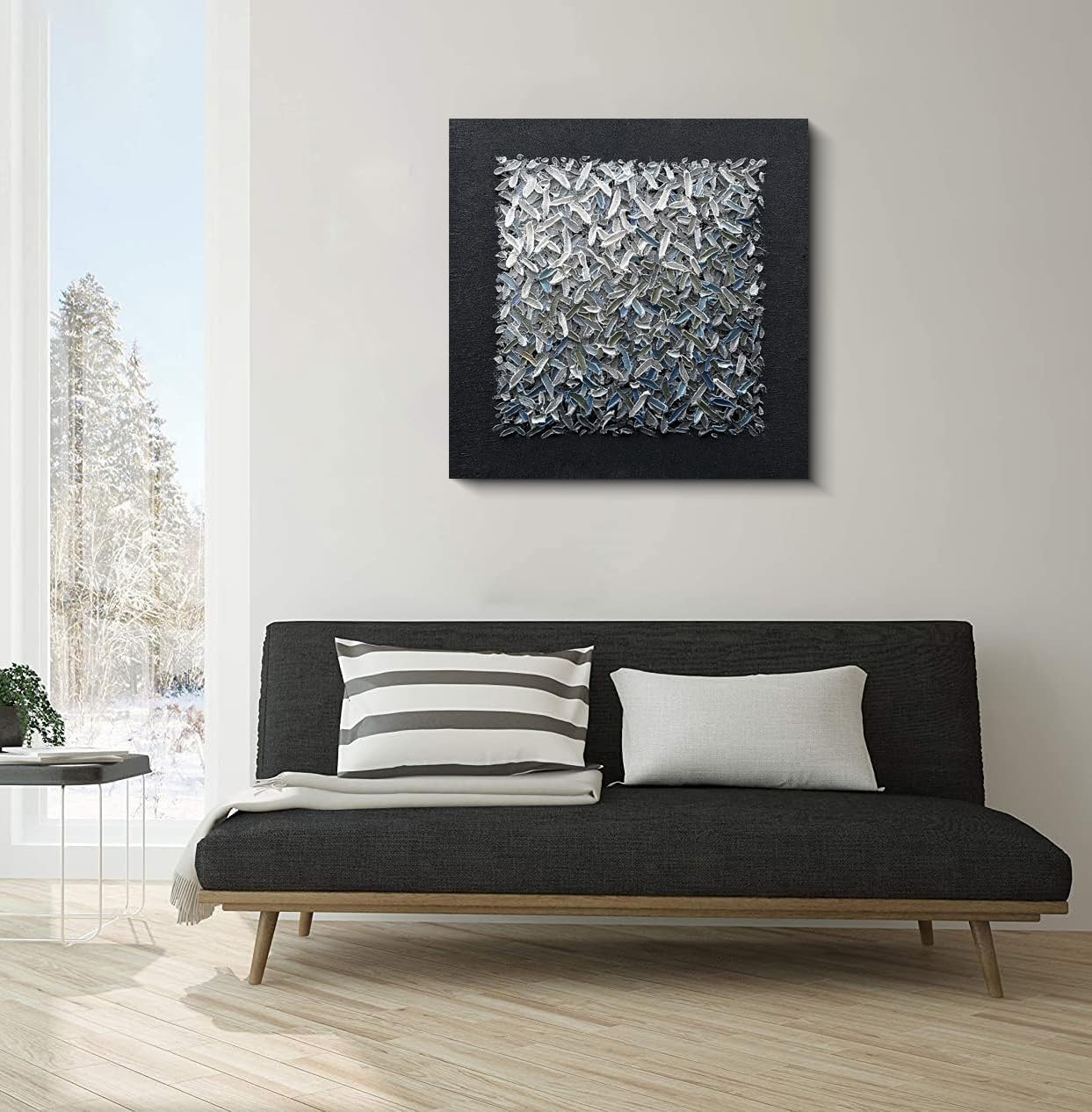 Art Modern Abstract Style Art Featuring Thick White and Black and Blue Texture Canvas Oil Painting Suitable for Decorating the Walls of the Living Room or Corridor Size: 24x24 inches.