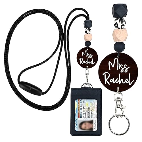 ABAMERICA Personalized Teacher Lanyards for Id Badges and Keys, Cute Beaded Lanyards for Women with Keychain and Leather Holder of 3 Card Slots