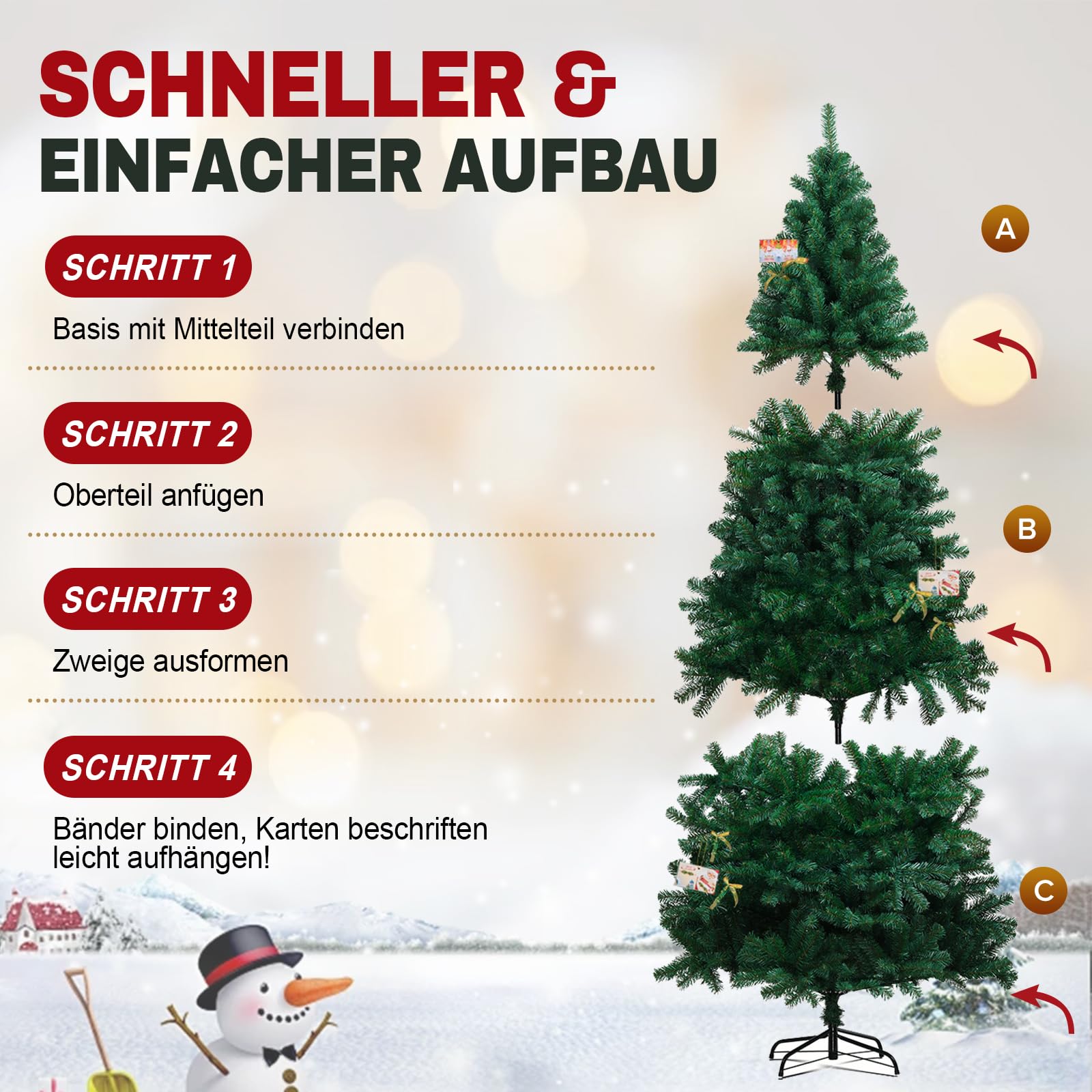 Künstlicher Weihnachtsbaum Weihnachtsdeko 195cm PVC Material mit 1000+ Spitzen Thickened Branches mit dekorativen Schleifen & Grußkarten, Stabiler Metallständer