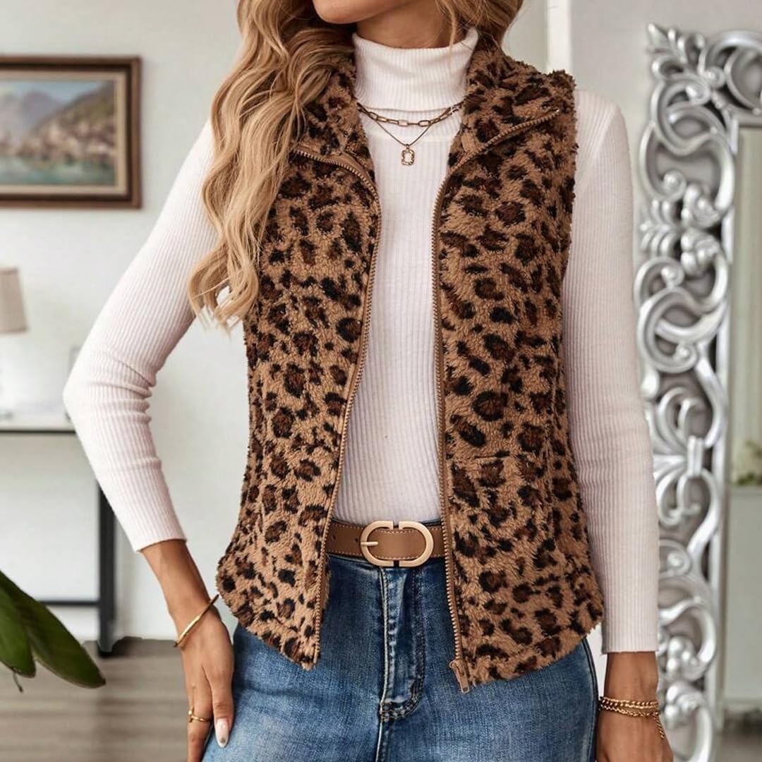 womens vest leopard print sleeveless zip up sherpa fleece vest Fall Winter warm Coat Outerwear - Image 4