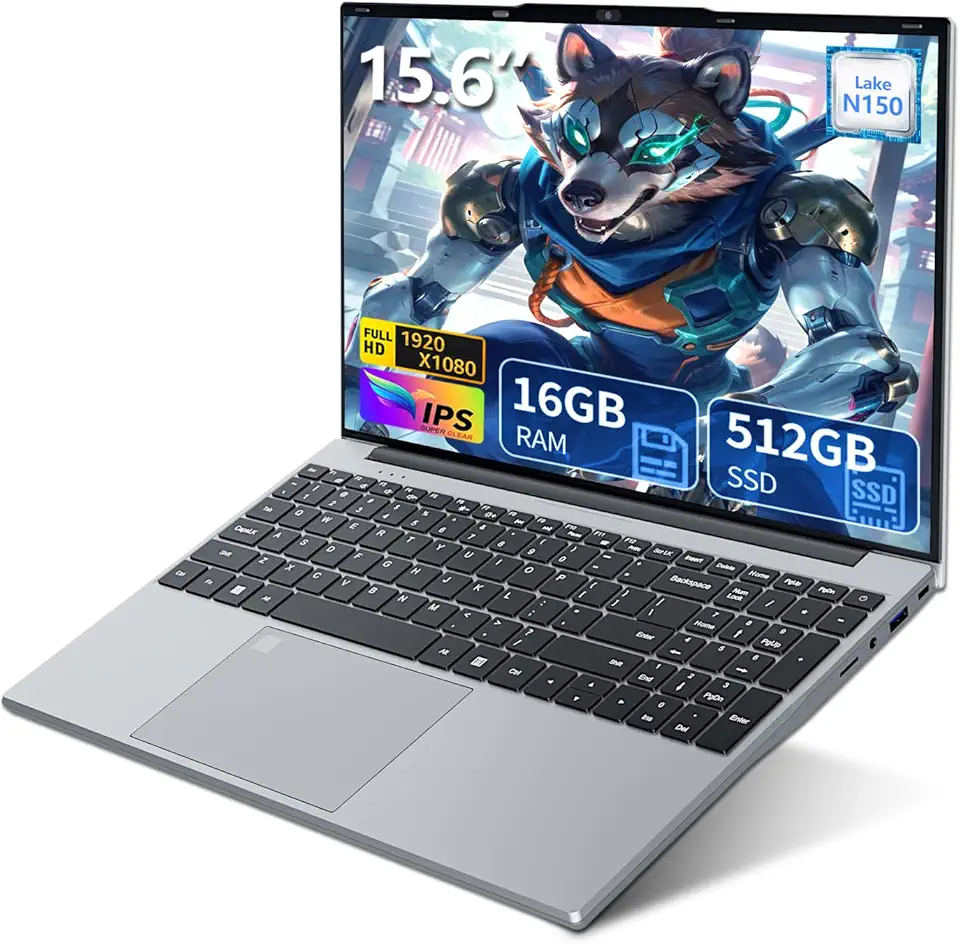 Laptop de 15,6 polegadas, processador quad-core N150 (até 3,6 GHz), laptop tradicional 16 GB RAM 512 GB SSD, teclado retroiluminado, desbloqueio de impressão digital, FHD 1920 * 1080, Win 11 Pro